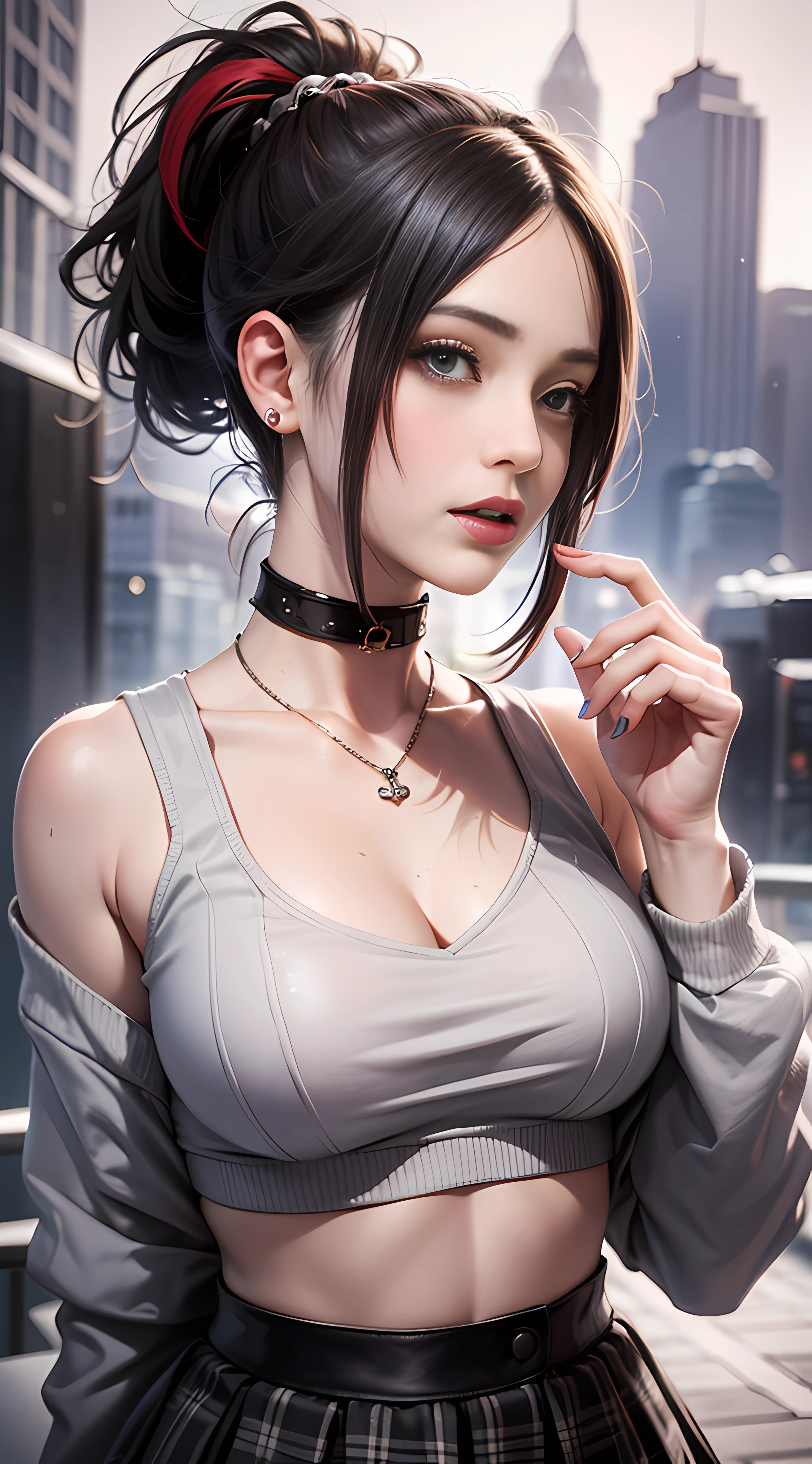 Ultra high quality，8K，gal girl，Sexy and feminine, high and cold，Enchanting，The head proportions are perfect，Gray high ponytail，Wear a sweatshirt monogram print, Short red high-waisted skirt，Flaming red lips，Swan neck，chokers，sun is shining
