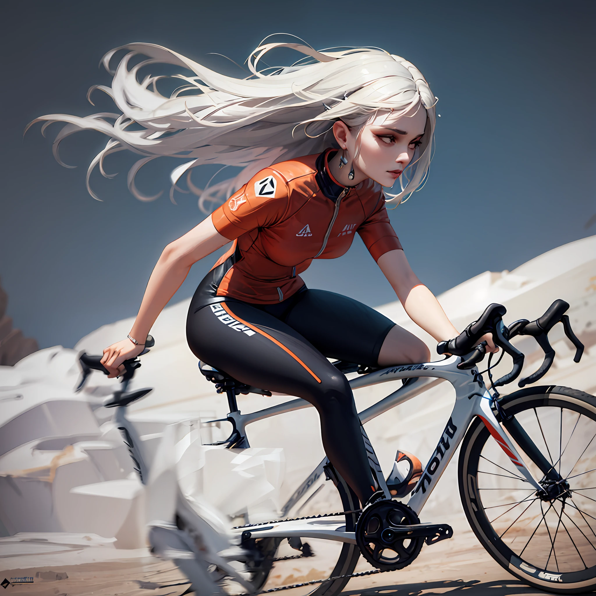 Mulher loira andando de bicicleta no deserto com uma montanha ao fundo, stunning digital illustration, bela arte digital, lindo pintura digital, pintura digital impressionante, epic digital art illustration, deviantart artstation cgscosiety, epic digital painting, 3 d render arte do caractere 8 k, ciclismo!!, Arte no estilo de Guweiz, Wojtek FUS