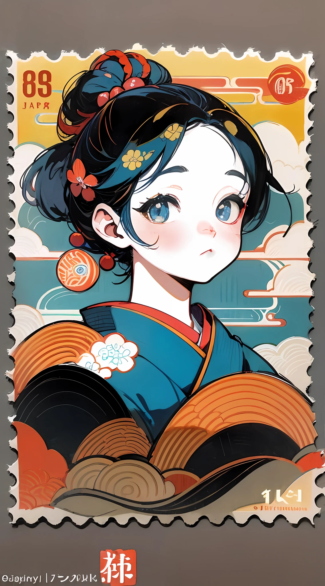 (((Japan stamps)))、ukiyoe painting、巨作, Better Quality, Better Details, (Vintage style)