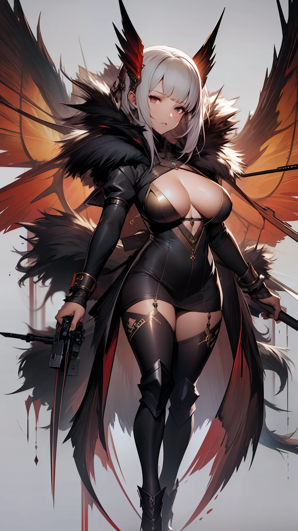 masterpiece,8k resolution,Cinematic Lighting,Golden Ratio,Spirit photography,1girl, blade, breasts, claws, cleavage, demon wings, full body, fur-trimmed boots, fur trim, grey background, holding, holding weapon, hood, medium breasts, solo, standing, weapon, wings,