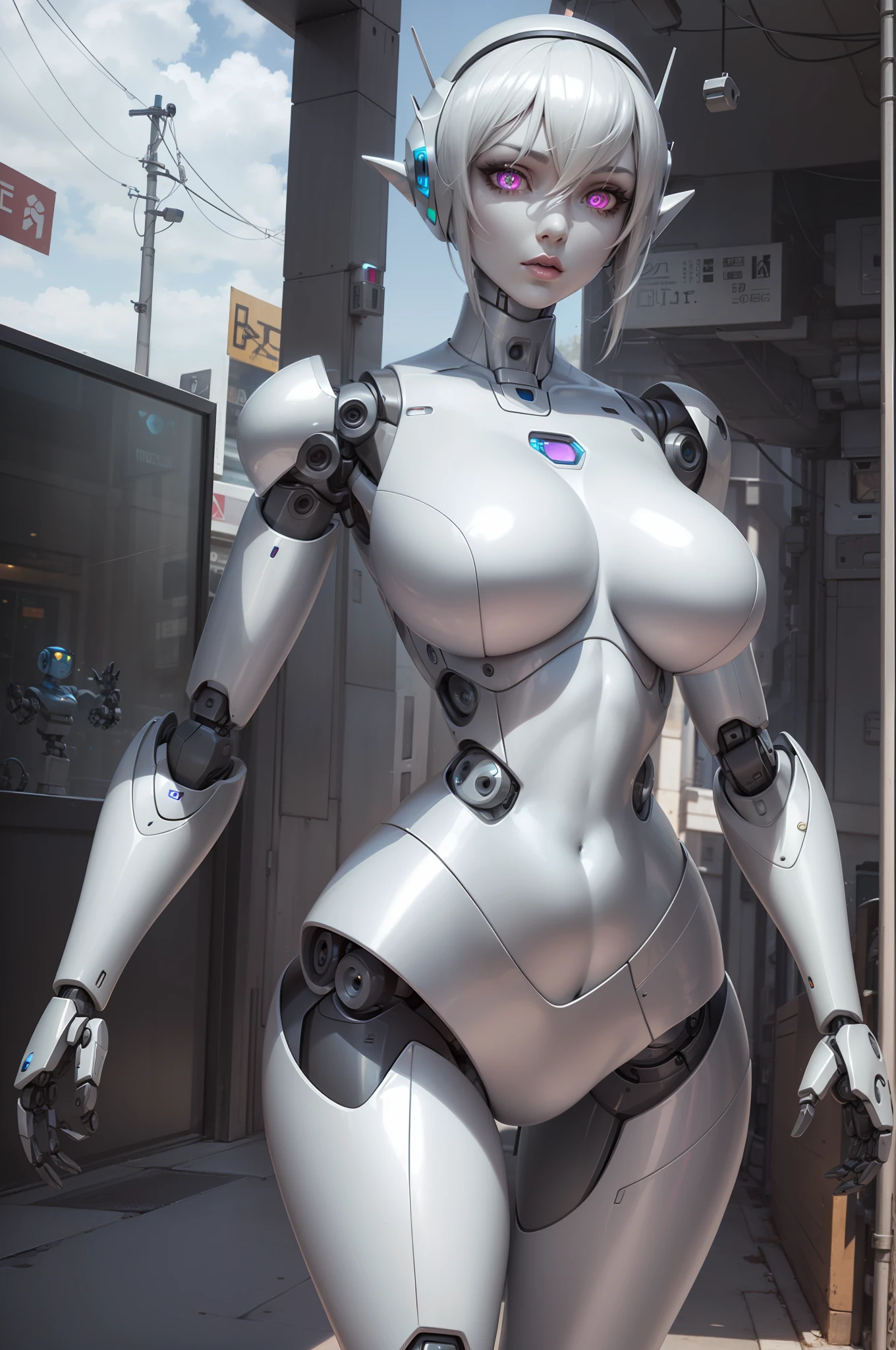 Best qualities, high detial, 8K, human, robot-girl, Android's Face(Metal), steel and titanium leather, gray skin, Robotic face(with human traits), Cybernetic eyes(Hard circle of eyes, Clear pupil of the eye), a 1girl, formal, Perfect hands(5 fingers, Clear fingers,), wig(Normal hair), big boob, lipstick on the lips, body(big boob, lace, rounded shoulders, Rounded arms, rounded legs, Robot Parts,), Bionic armor, elf ears,