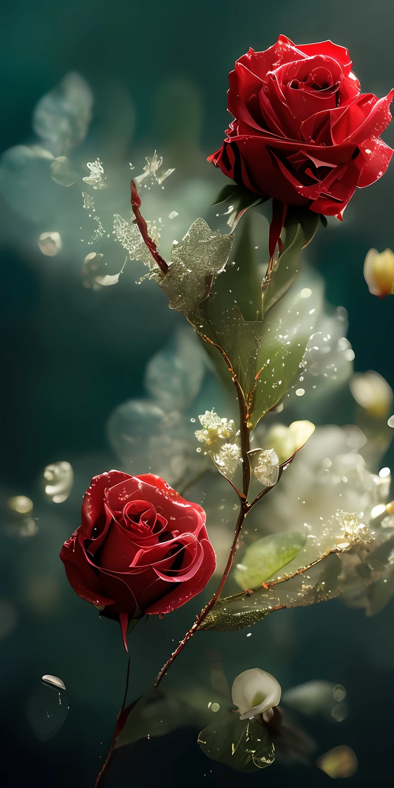 there is a red rose that is sitting on a branch, beautiful flowers and crystals, roses in cinematic light, translucent roses ornate, rosses, Magical flowers, Red roses, rosette, with frozen flowers around her, red rose, dew, sparkling petals, celestial red flowers vibe, Romantic!!!, beautiful cinematography, exploding roses, Ethereal beauty, elegant flowers, small red roses