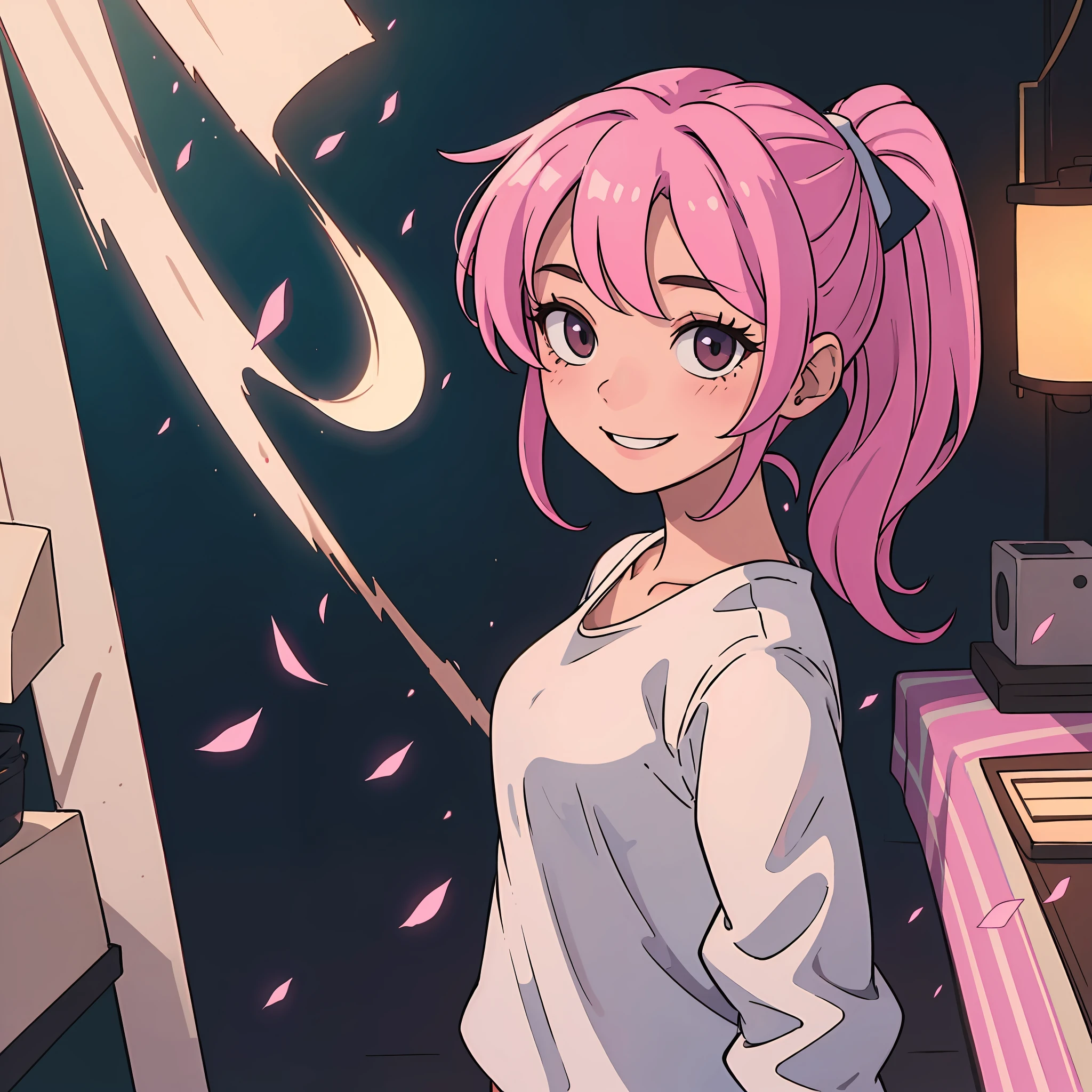 Pink ponytail，White top，Smile with，Face away from the light source，Cinematic shots