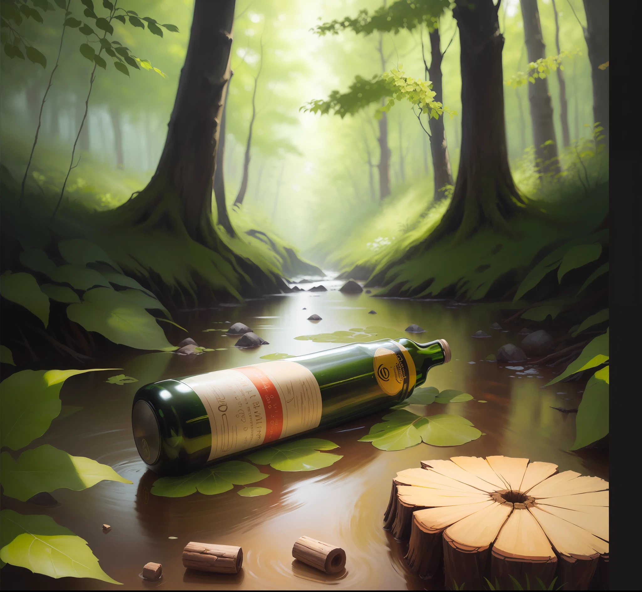 there is a bottle of beer sitting on a log in the woods, imagem ultra realista, imagem hiperrealista, hyperrealistic composition, natural realistic render, fotorrealismo de alta qualidade, ambiente relaxante, forest themed, Cena realista, arte conceitual relaxante, ambiente florestal, um ultra realista, realistic oil paint, pintura digital altamente detalhada, paisagem hiper-realista, realistic oil paint, tema floresta