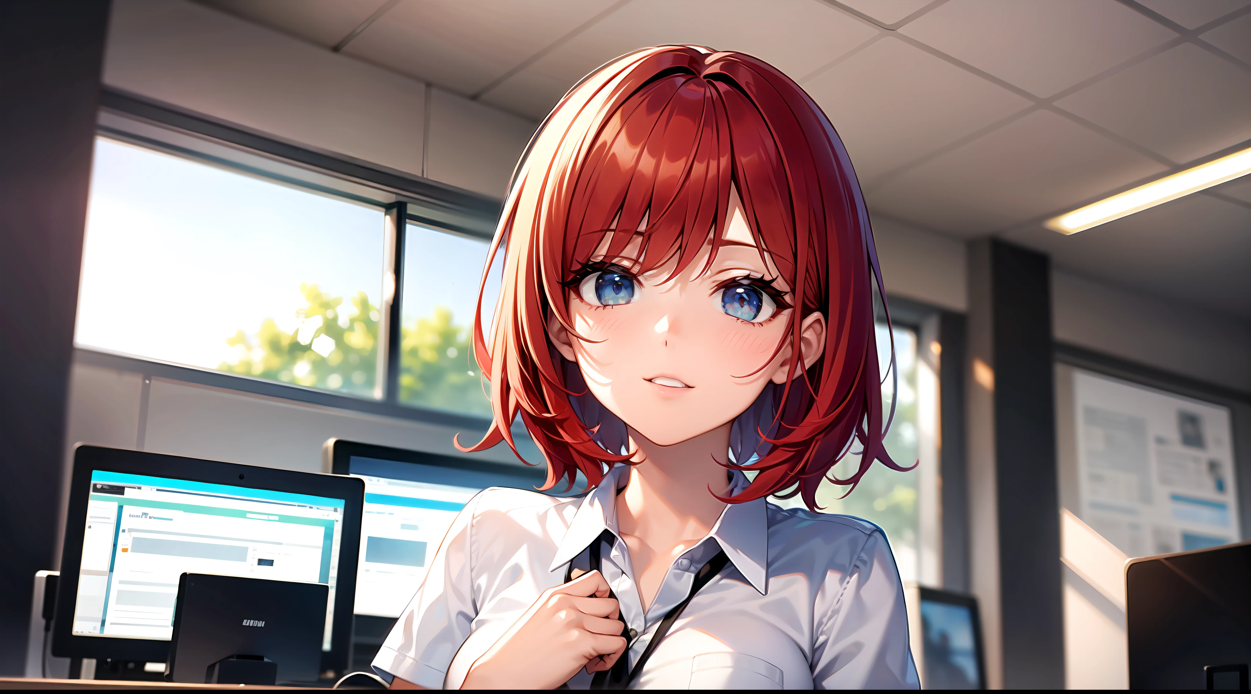 upper body, one girl in office, short red hair, high quality, high detail