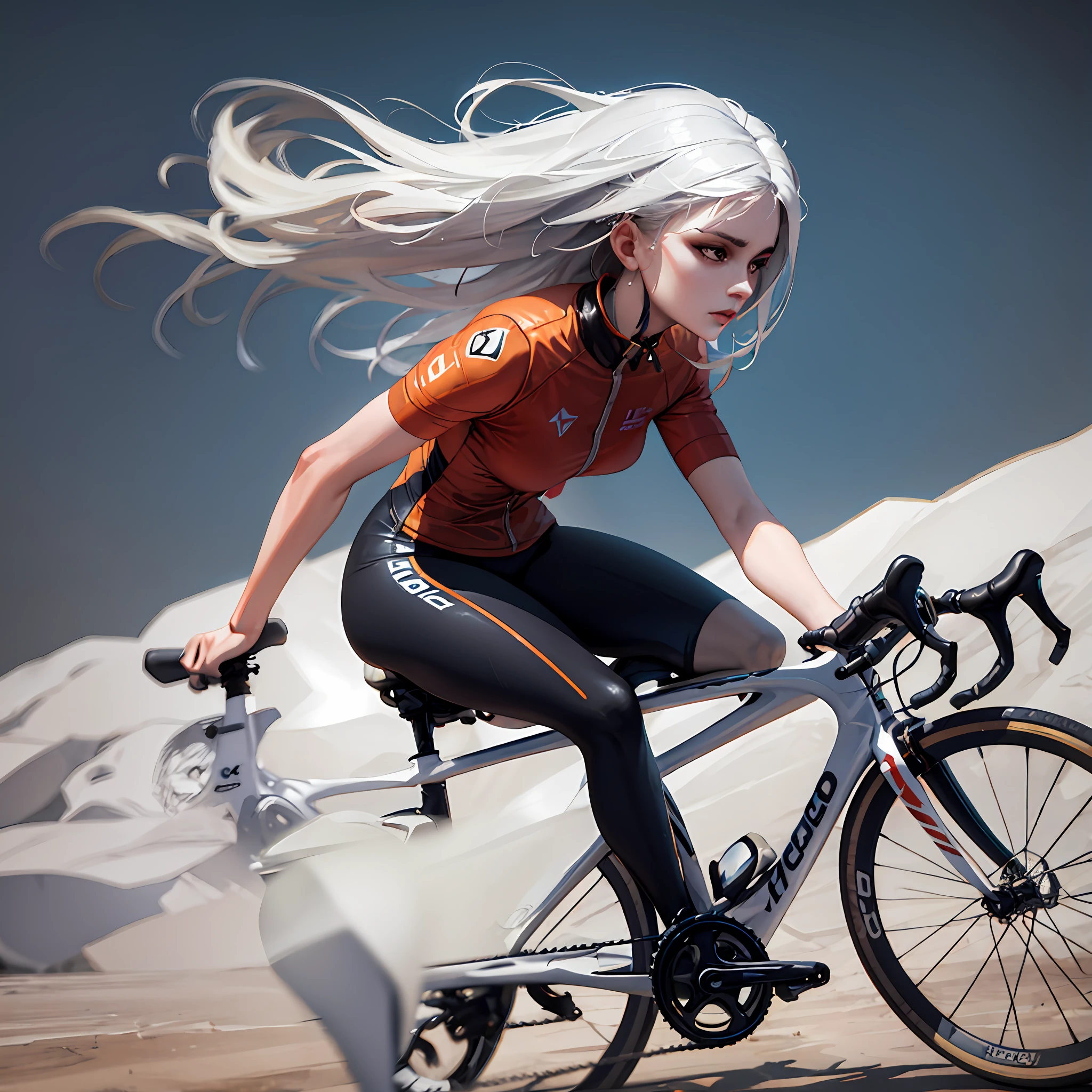 Mulher loira andando de bicicleta no deserto com uma montanha ao fundo, stunning digital illustration, bela arte digital, lindo pintura digital, pintura digital impressionante, epic digital art illustration, deviantart artstation cgscosiety, epic digital painting, 3 d render arte do caractere 8 k, ciclismo!!, Arte no estilo de Guweiz, Wojtek FUS