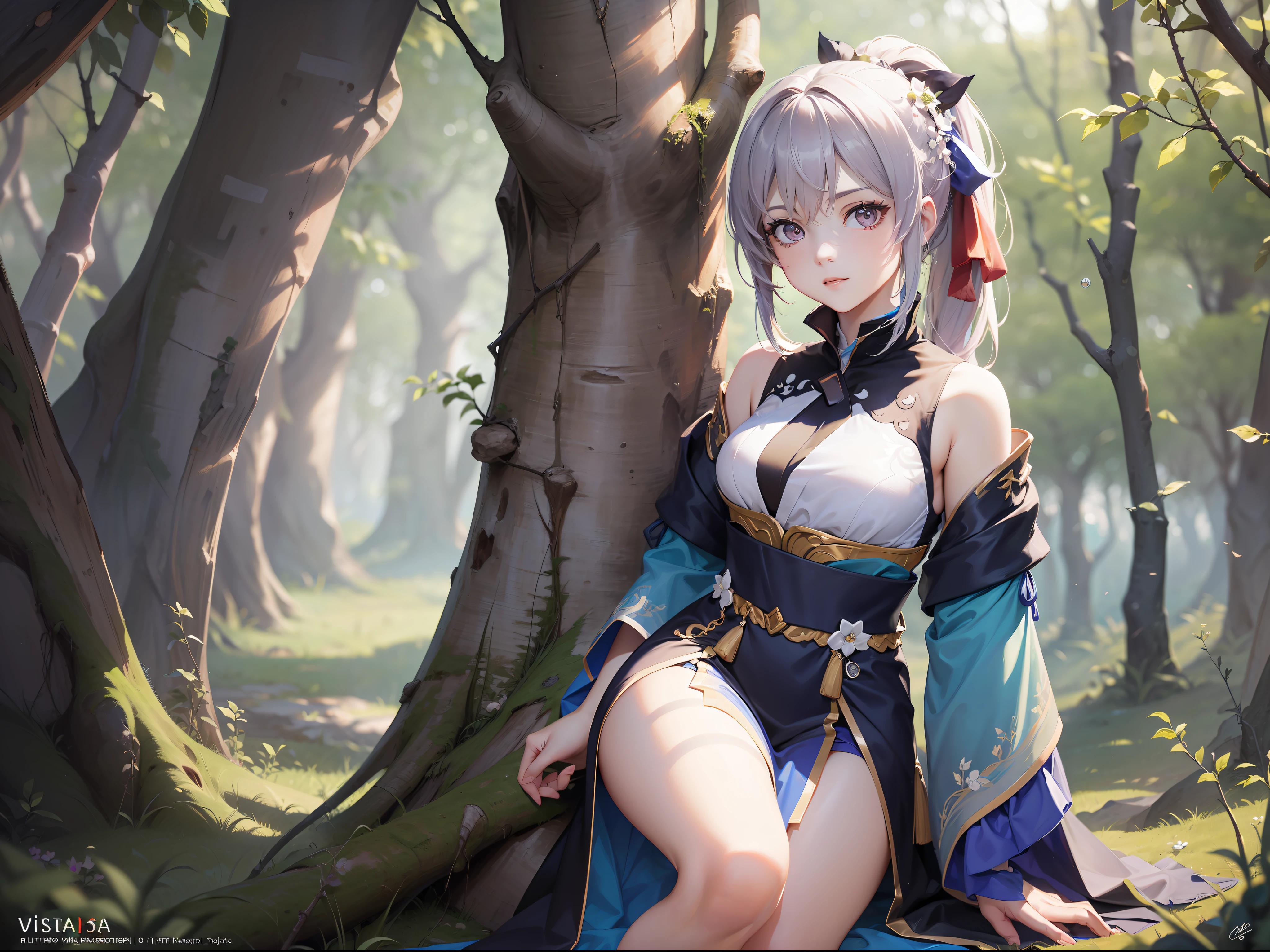 (CG Unity 8K wallpaper in extreme detail,nmasterpiece,Highest image quality),(Delicate light and shadow,The picture is highly dramatic,Cinematic lens effect), iwhite colored hair,gradient pink,Long single ponytail,pretty eyes,Lovely face,White Hanfu,bare leg,Sit on a branch,The background is the forest(Exceptional detail,The lighting effect is outstanding,Vista wide angle),(Excellent rendering,Enough to stand out from the crowd),