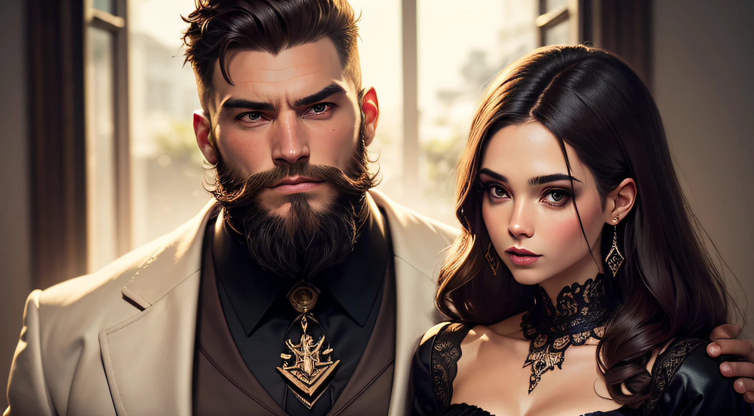 (charismatic: 1.2) homem moreno com (barba preta grande:1.3) vestido com (terno preto),(olhando para o lado: 1.2) --auto