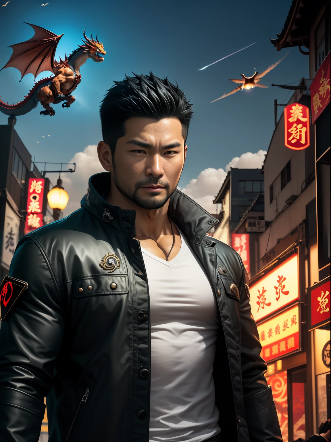 (nmasterpiece)(sf) Extremely quality,Super detailed illustrations,The ultra-great resolution,Show a handsome and mature male, 35-year-old human Hong Kong writer Kong Lin,Muscular average figure,short hair and under-trimmed stubble,Wear a jacket,Surreal and charming。There are many Magic gathering cards floating around him,In the background is a red dragon flying over the city。