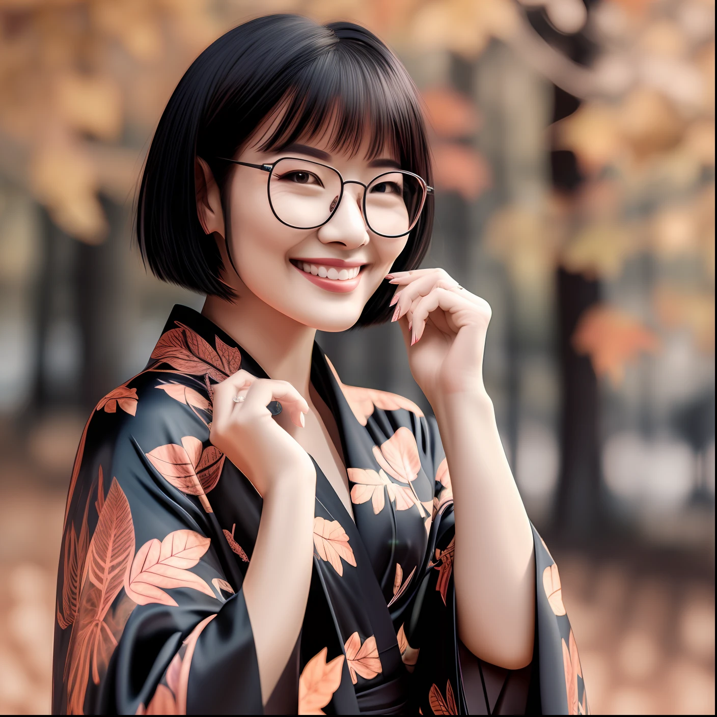 Women Glasses Black Hair Shortcut Autumn Leaves Kimono (smile on face:1.5) Masterpiece 8K