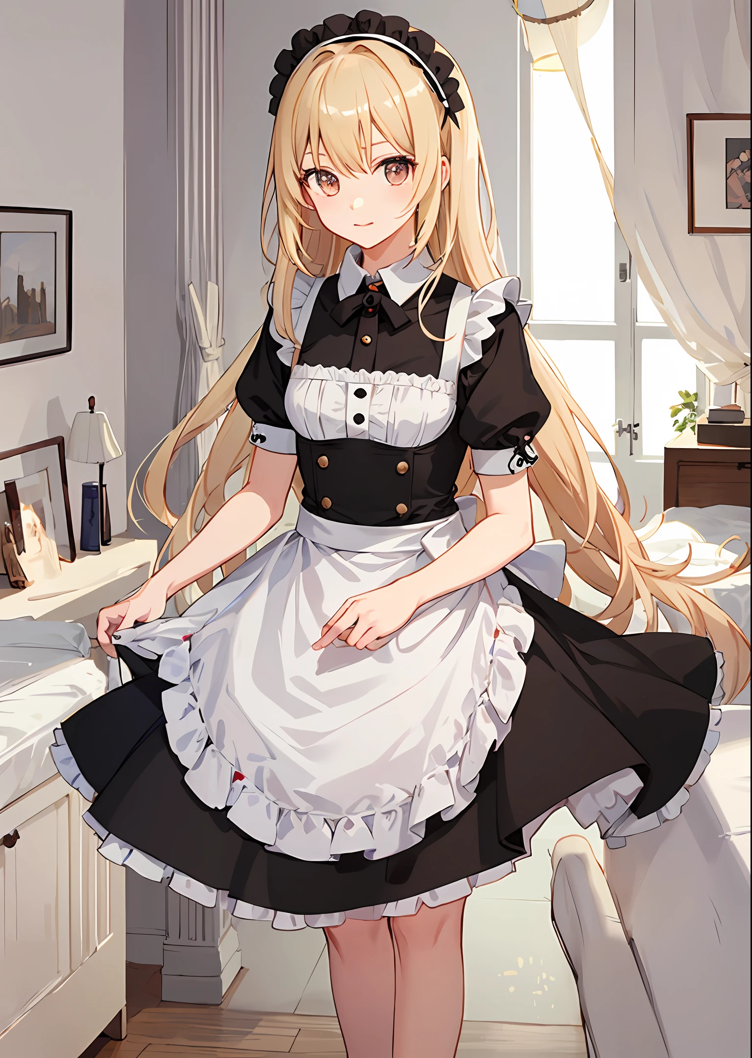 masterpiece, top quality, midday Shiina, blonde, highlights in the eyes, maid clothes, reddening cheeks, anime illustration, height 156 cm, female,