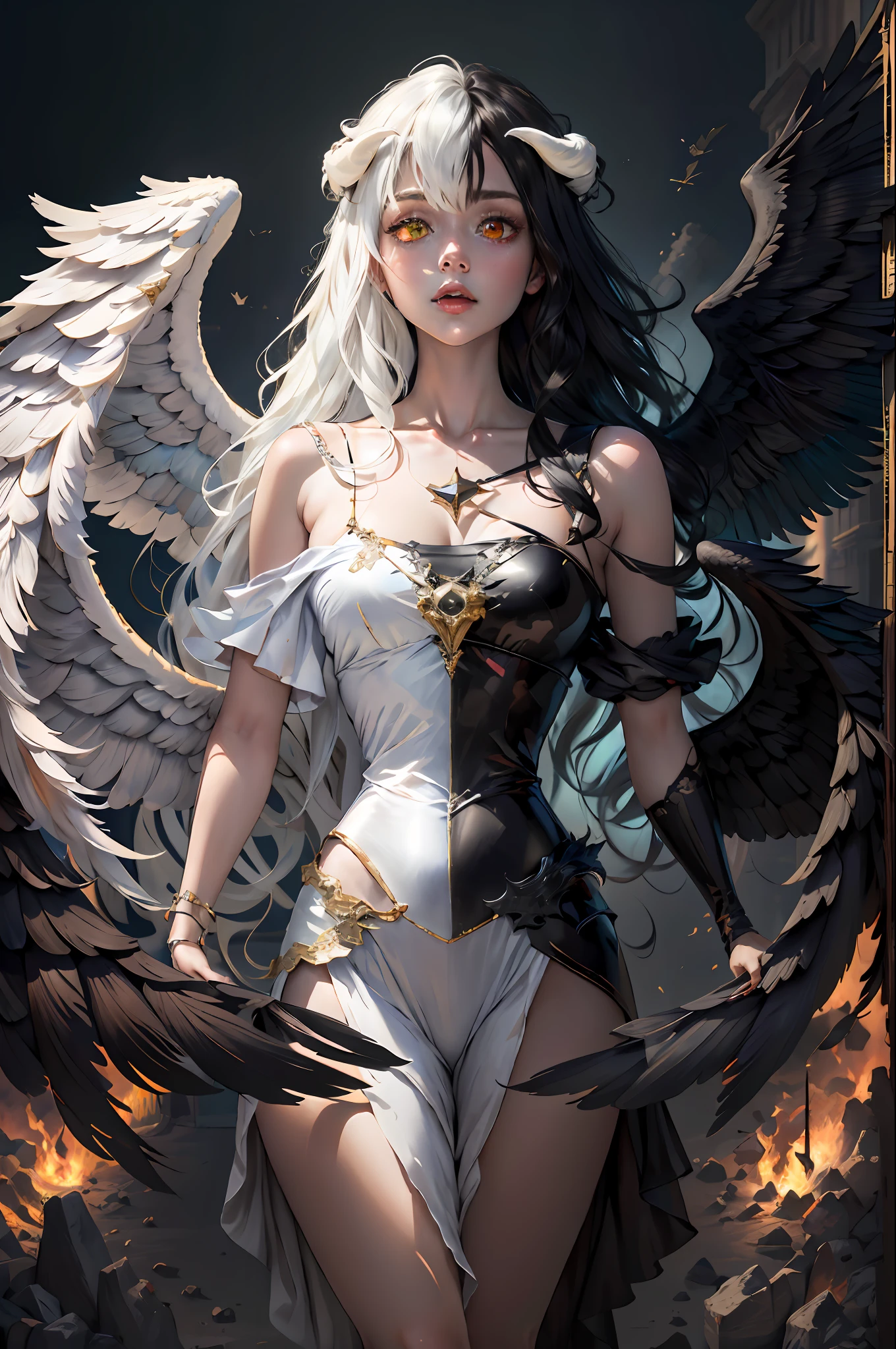 (masterpiece:1.3),(best quality:1.2),8k,absurdres,unity 8k wallpapper,(extremely detailed:1.3),highestres,
1girl, ,heterochromia, white hair, black hair, split theme, angel,devil,wings,