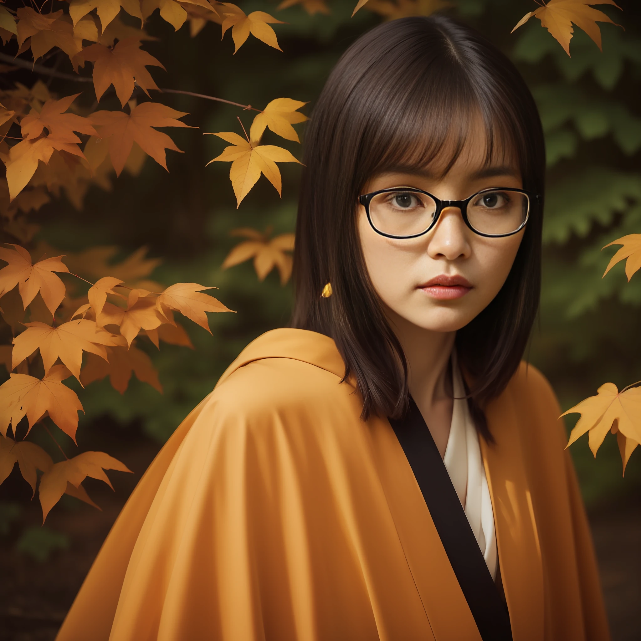 Photograph of a dark-haired woman in a kimono wearing glasses with autumn leaves and Japan shoot cut