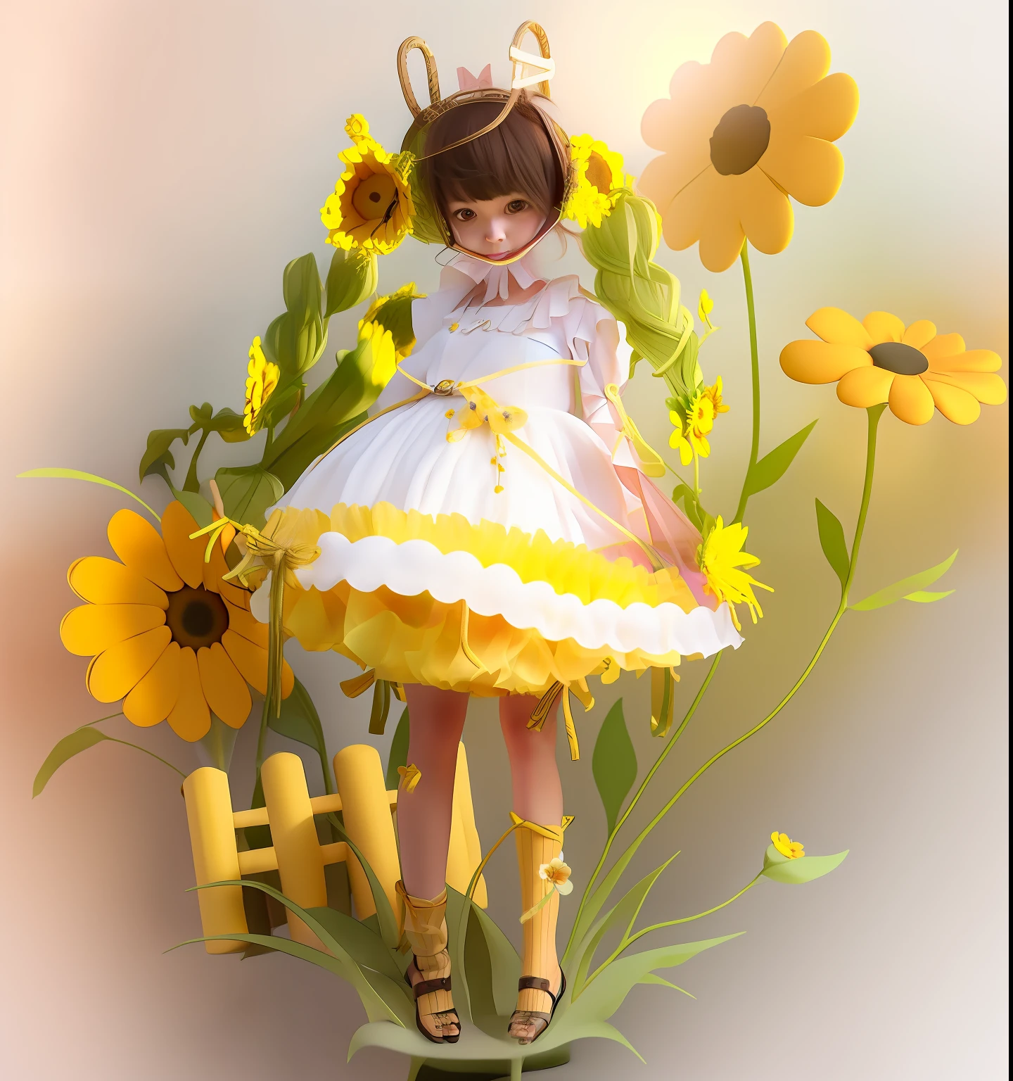 Onegirl,Wearing a white and yellow skirt,Sunflowers around,Wearing a hair card