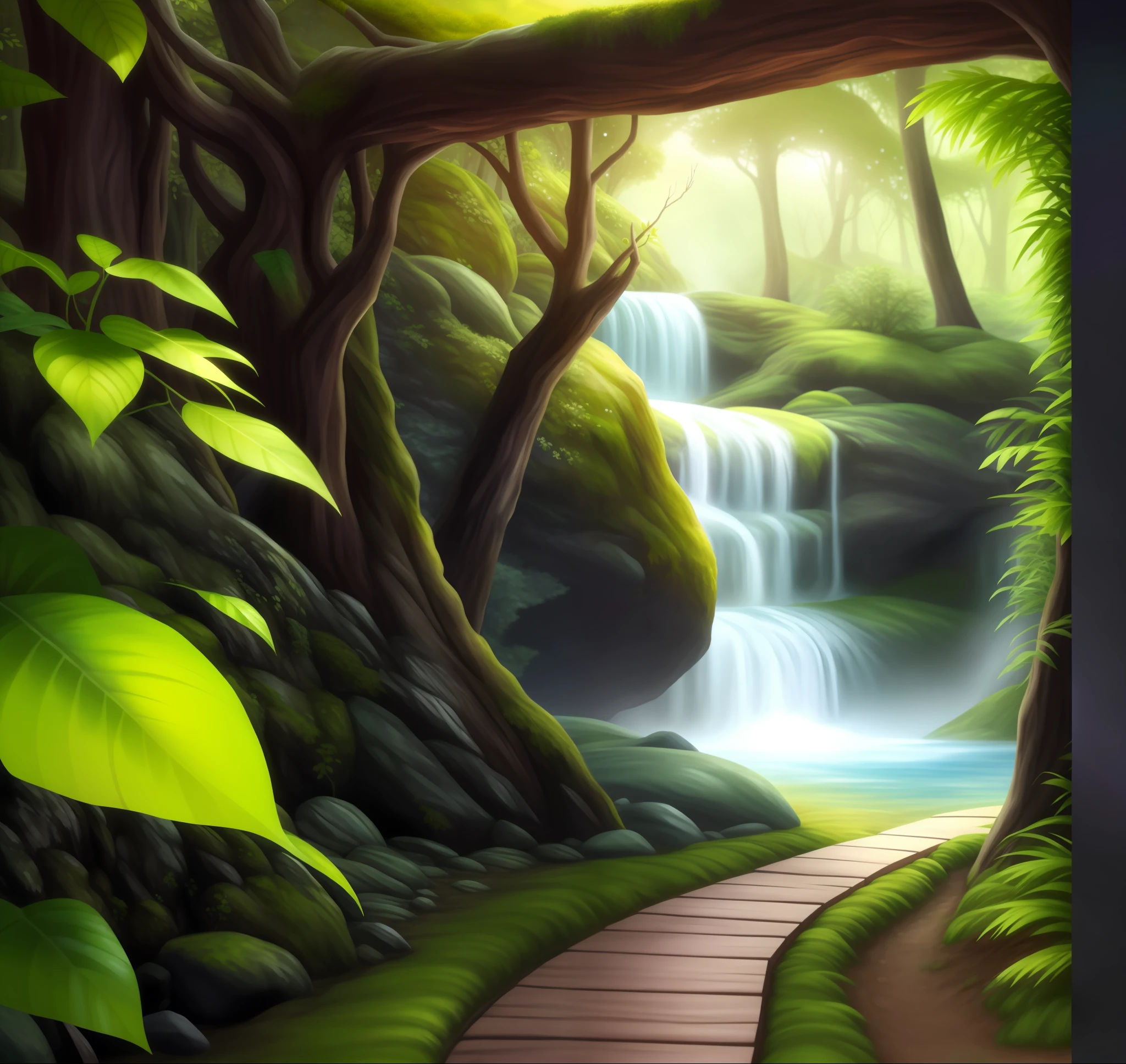 pintura de uma cachoeira em uma floresta com um caminho que leva a ela, Floresta e Cachoeira, magical atmosphere, Anime natureza Wallpap, magical forest backround, pintura da natureza, magic fantasy forest, scenery art detailed, floresta da fantasia, enchanted magical fantasy forest, ambiente florestal de fantasia, pano de fundo da cachoeira, belas paisagens florestais, Portal Florestal, Pintura de paisagem virtual 3D, dream scenery art