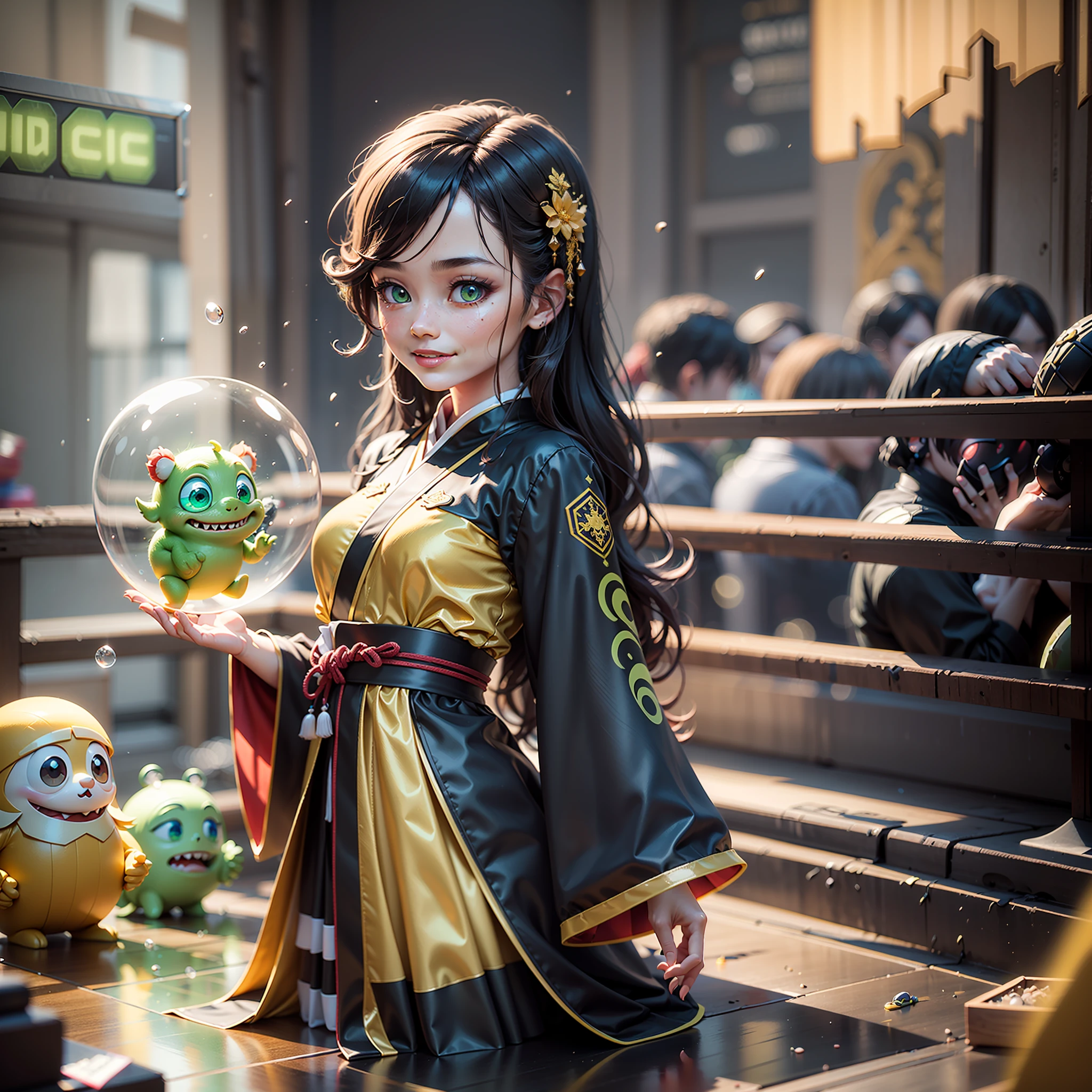 3d characters from Disney Pixar, tide drama, ip, blind box, whole body, Chinese style, cute boy, Hanfu, smile, big eyes, red bunch of long hair, transparent glass material, caustic, optical, surrounding spirit, monster, pure black background, particle, particle, golden light, fluorescent, green, Art Station Trend, octane rendering, 8K, HD, 3d, c4d, Blender