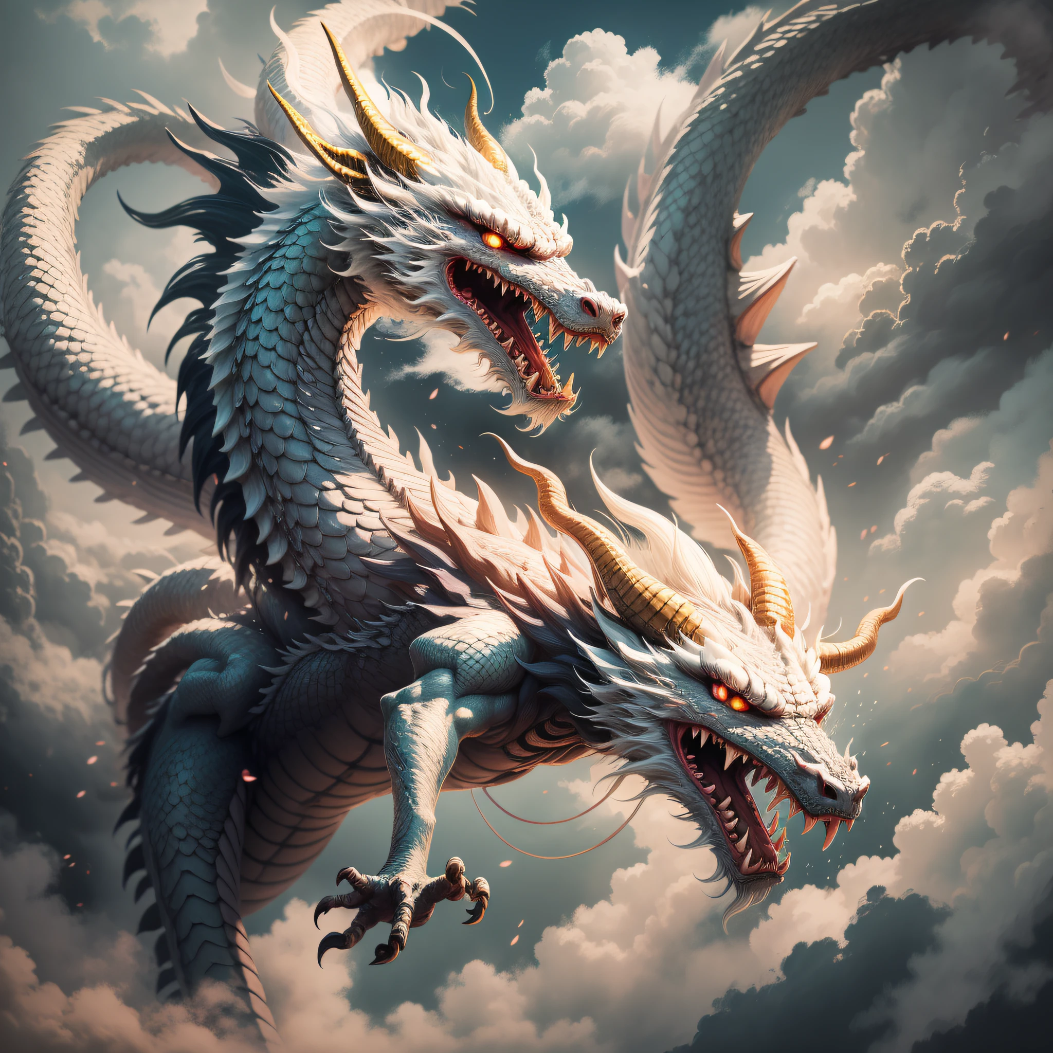 A white dragon，Fly in the air，Dive into the clouds，In the fog，Chinese wind，style of anime，