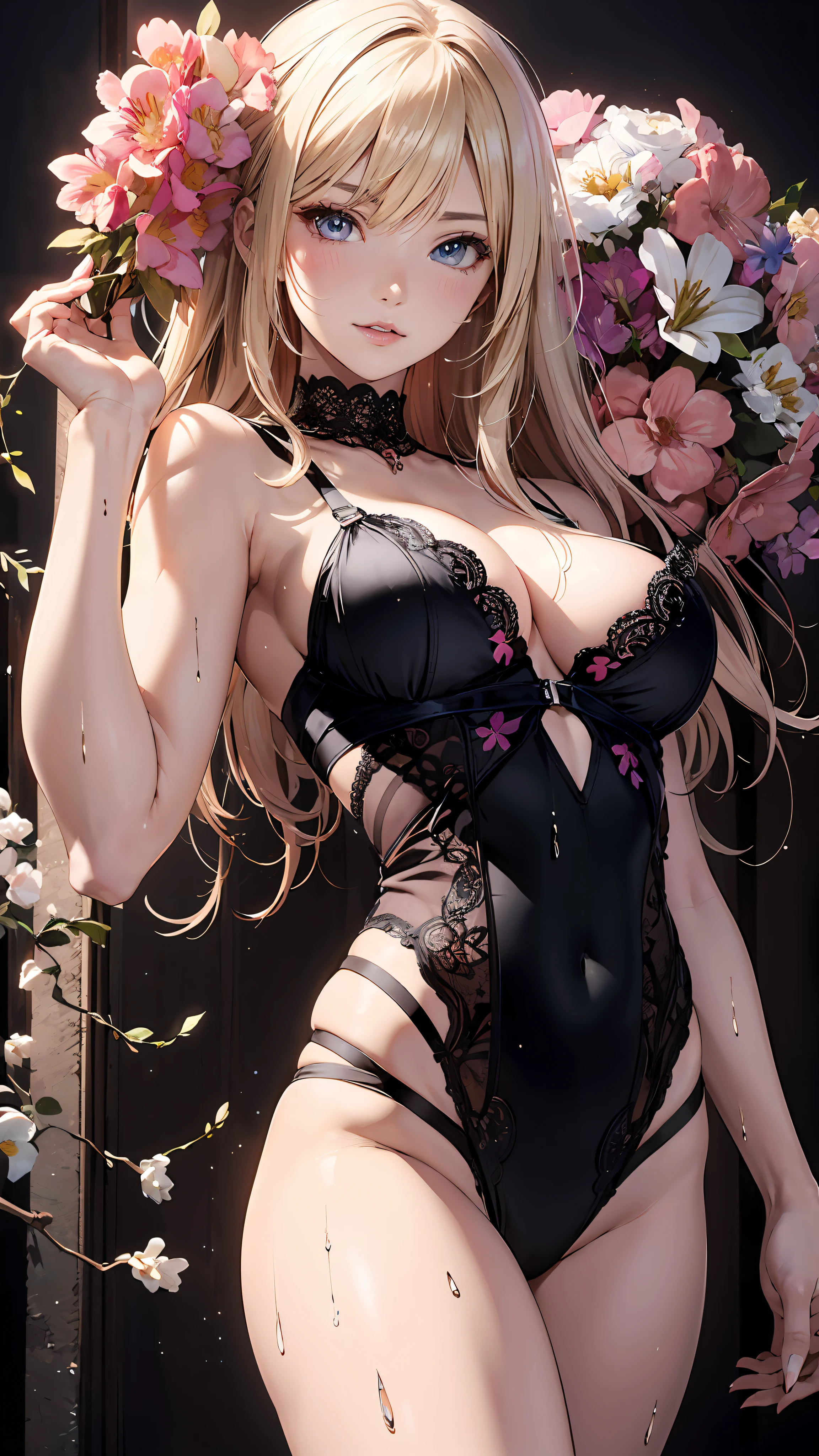 blond haired woman in lingerie posing with flowers in her hair, seductive anime girls, beautiful alluring anime woman, 🌺 cgsociety, Fine details. girls' frontline, photorealistic anime girl render, beautiful alluring anime , intricate wlop, [ 4 k digital art ]!!, Beautiful Anime Girl, beautiful anime woman, intricate body, Seductive. Highly detailed