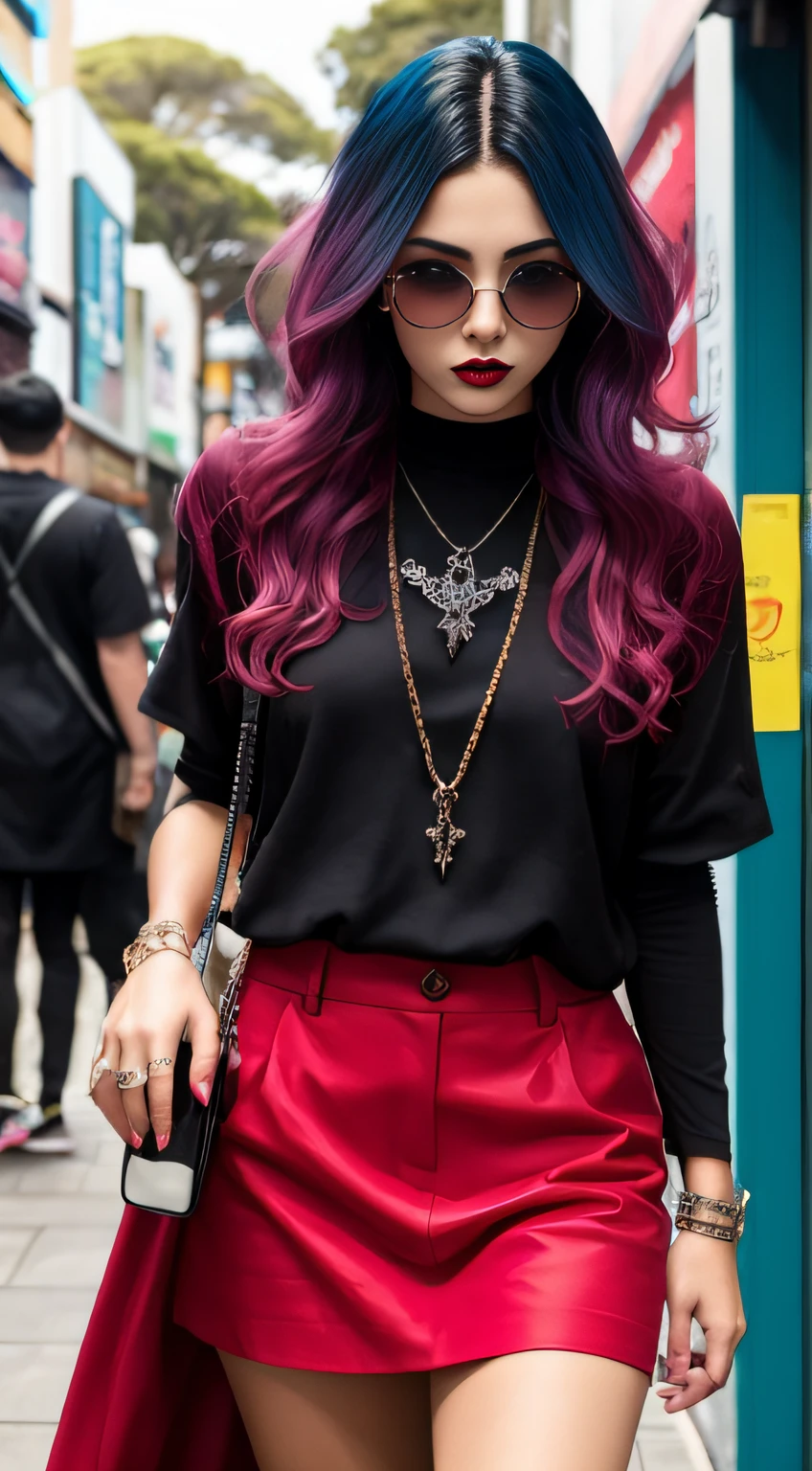1Menina, vampiro,y2k,Estilo Emo,seios grandes ;.non-mainstream,Estilo Harajuku,Cura exagerada,Ornamentos intrincados,Estilo rock,gothic style,rebite,pinos de orelha,Brincos unilaterais,cabelo de duas cores,cabelo rosa e azul,anel de prata,sangue,Underground idols,PR Masculino