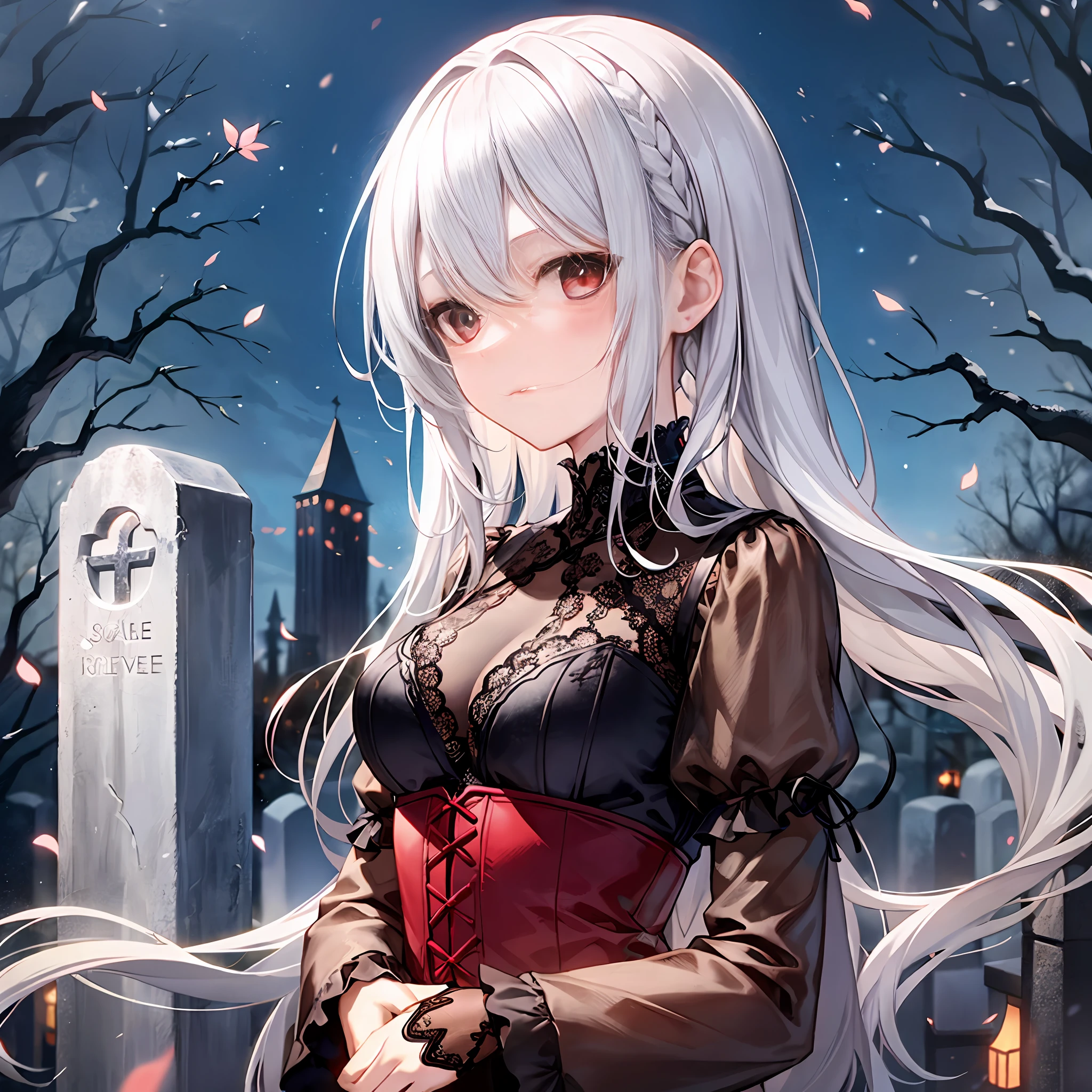 ghost, 1girl, solo, white hair, single braid, sleeves past fingers, red eyes, red dress, expressionless, staring, graveyard, night