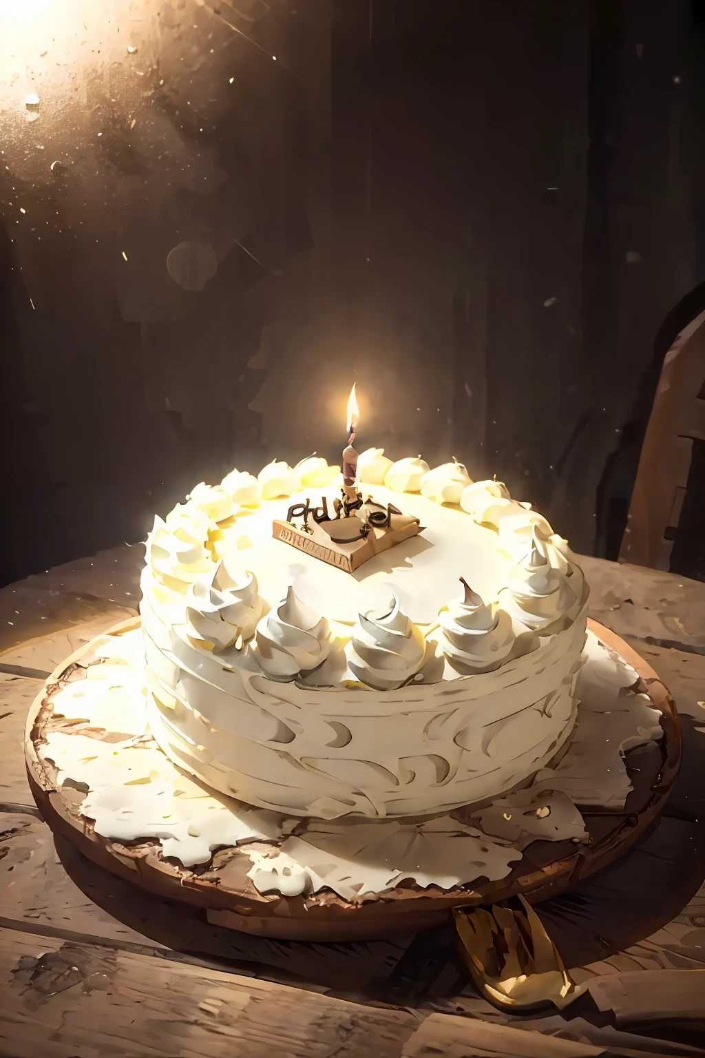 (melhor qualidade), obra-prima, modelo 3D ultra detalhado, birthday cake, velas acesas, fundo preto, High contrast lighting, ambiente festivo e animado.