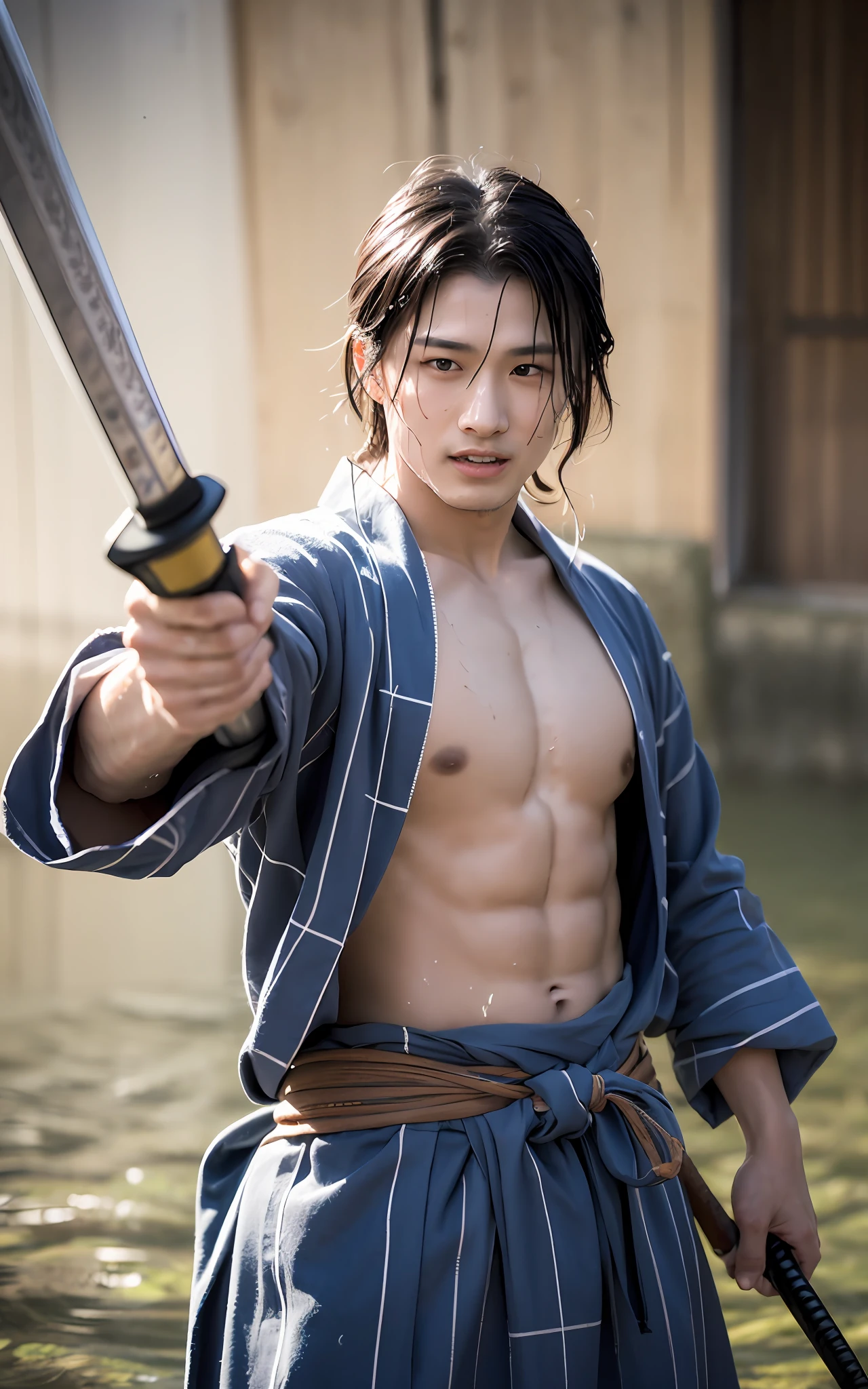 (Photorealistic: 1.2, Best Quality, 8k, Wet: 1.3), (Man, 20 years old, Soji Okita, Yukata, Sword Waving, Dynamic Pose, Samurai, Sweat: 1.2, Wet: 1.2), Actor, Muscle, Long Hair, (Film Lighting), Tan, Soft Light, Double Eyelids, (Seductive), (((excited))
