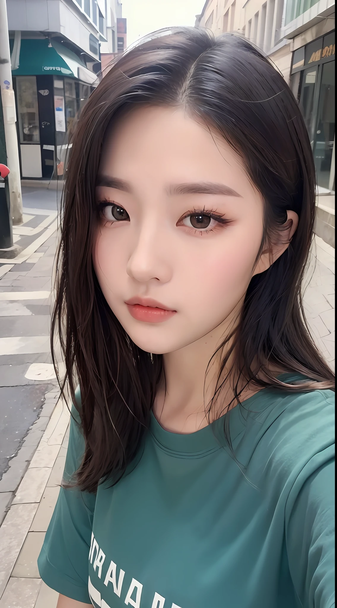 ((best qualitiy, 8K, nmasterpiece:1.3)), sharp:1.2, perfect figure beautiful woman:1.4, Slim abs:1.2, ((layered hairstyle, :1.2)), (Baneau short-sleeved T-shirt:1.1),(Streets:1.2),Get wet:1.5,Highly detailed facial and skin texture,detailed eye,Double eyelid,looking into the camera