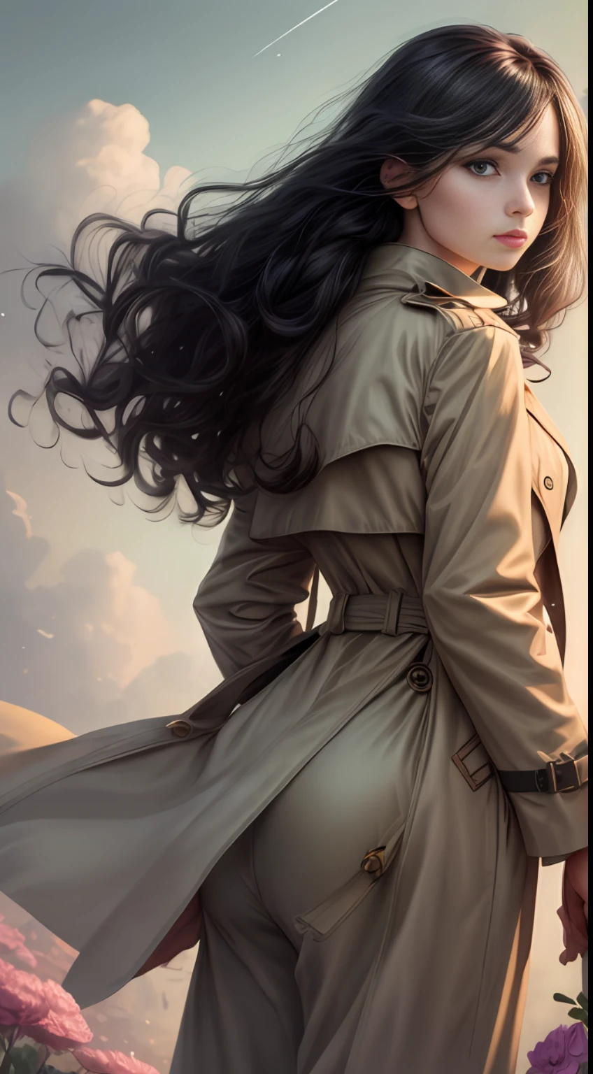 （best qualitiy，nmasterpiece）， Young woman，trench coats，long trousers， lascivious posture， Particle， Tuuli， blooms， Haut du corps， simple background， looking at the spectator， Long curly wind blowing black hair， skies， back lit， rim-light， Beautiful artwork， Perfect composition