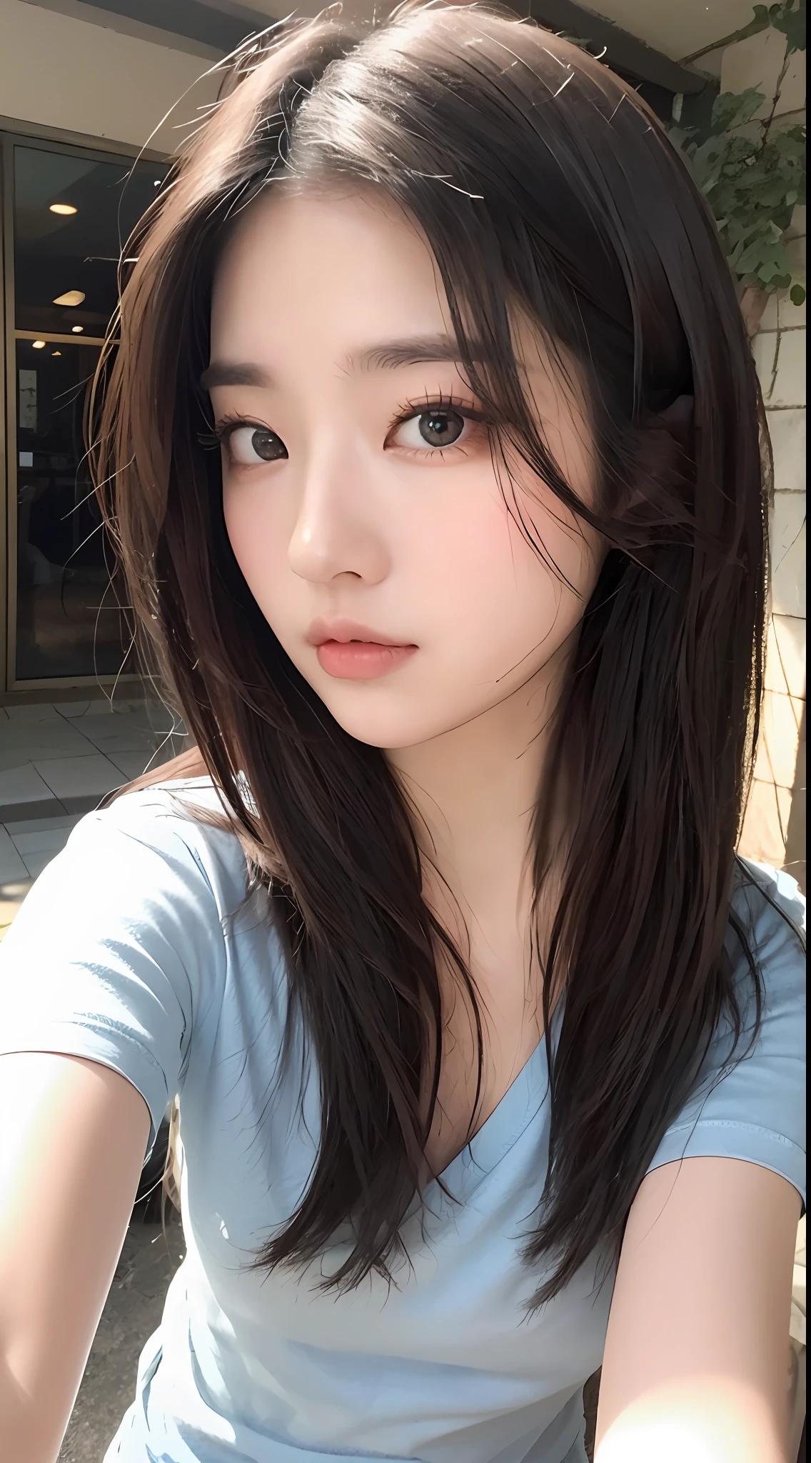 ((best qualitiy, 8K, nmasterpiece:1.3)), sharp:1.2, perfect figure beautiful woman:1.4, Slim abs:1.2, ((layered hairstyle, :1.2)), (Baneau short-sleeved T-shirt:1.1),(Streets:1.2),Get wet:1.5,Highly detailed facial and skin texture,detailed eye,Double eyelid,looking into the camera