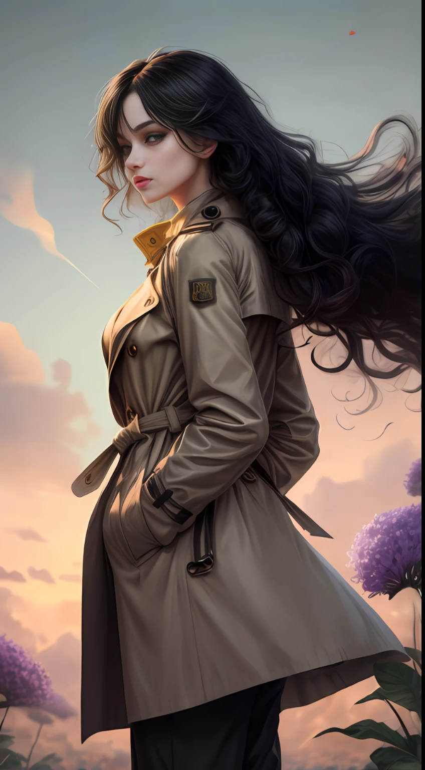 (best qualitiy,nmasterpiece), Young woman,trench coats,long trousers, lascivious posture, Particle, Tuuli, blooms, Haut du corps, simple background, looking at the spectator, Long curly wind blowing black hair, skies, back lit, rim-light, Beautiful artwork, Perfect composition