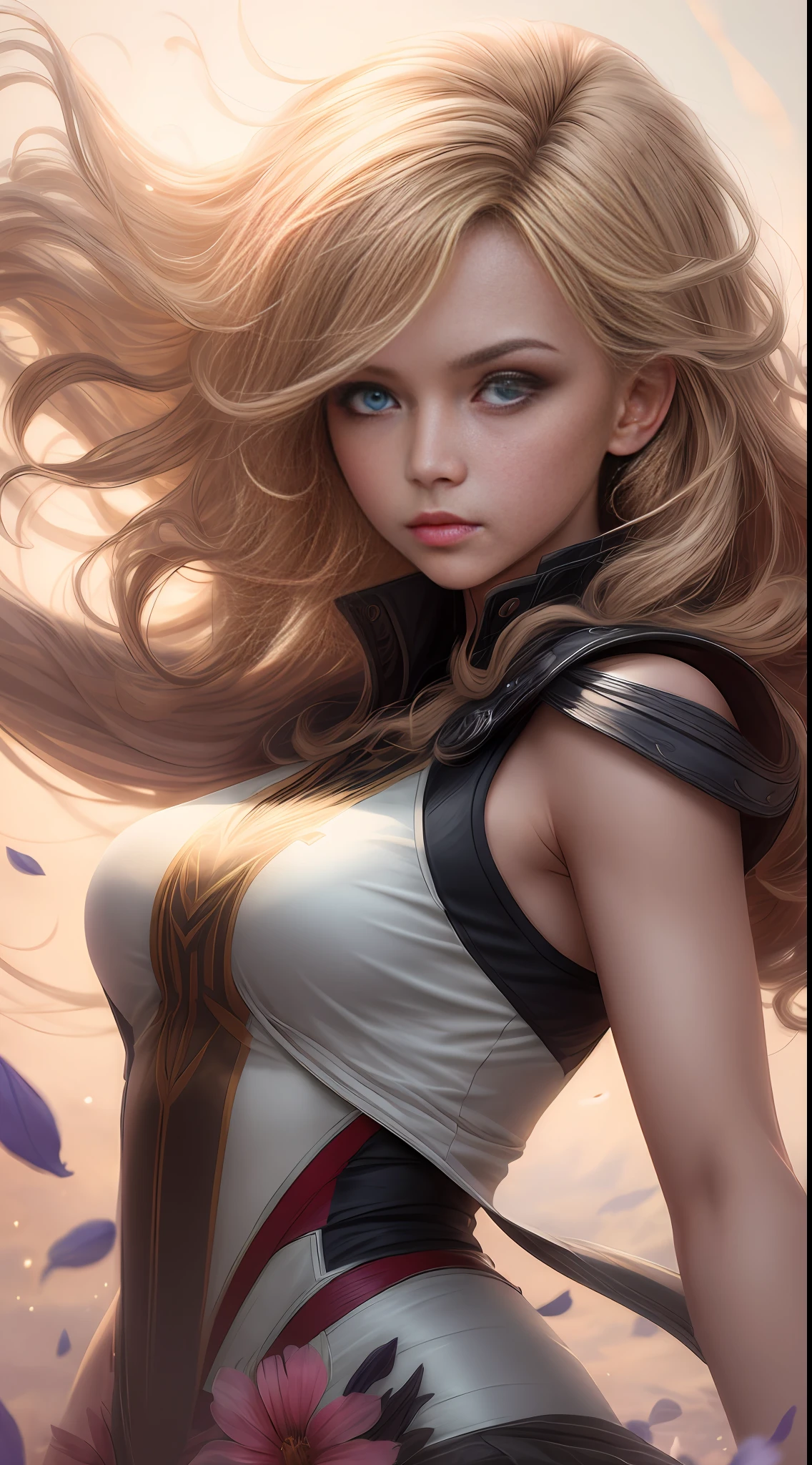 (best quality, masterpiece), young woman, pose, particle, wind, flower, upper body, simple background, looking at viewer, long curly windblown blonde hair, galaxy,backlit,rimlight,beautiful artwork,perfect composition