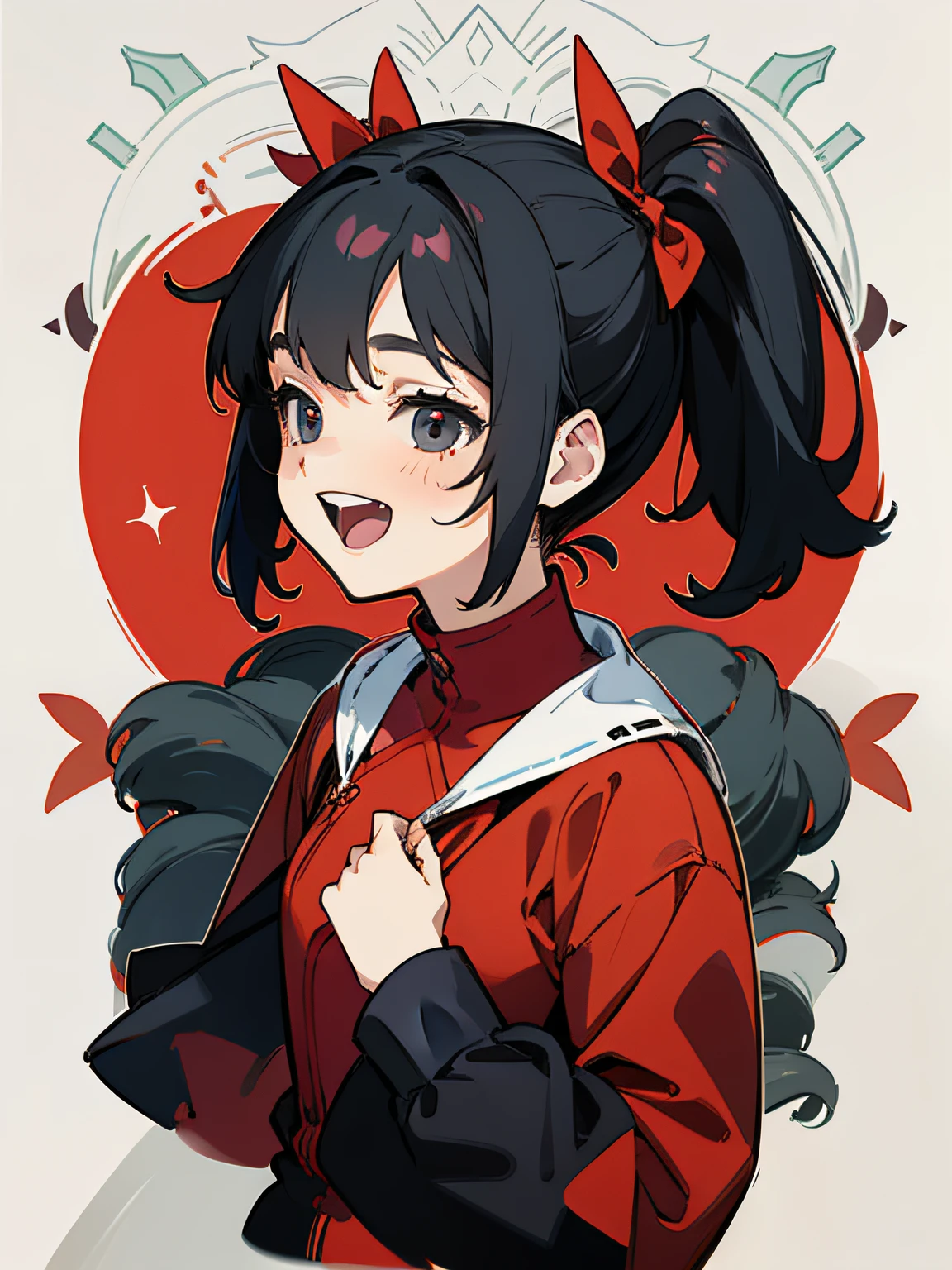 Little girl laughing，aged 13，Flat-chested，The chest is not developed，double ponytails，black color hair，Red clothes，Full body image design，IP design，Pure white background