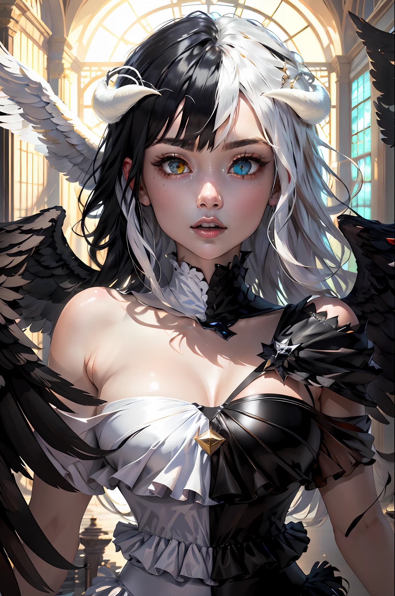 (masterpiece:1.3),(best quality:1.2),8k,absurdres,unity 8k wallpapper,(extremely detailed:1.3),highestres,
1girl, ,heterochromia, white hair, black hair, split theme, angel,devil,wings,