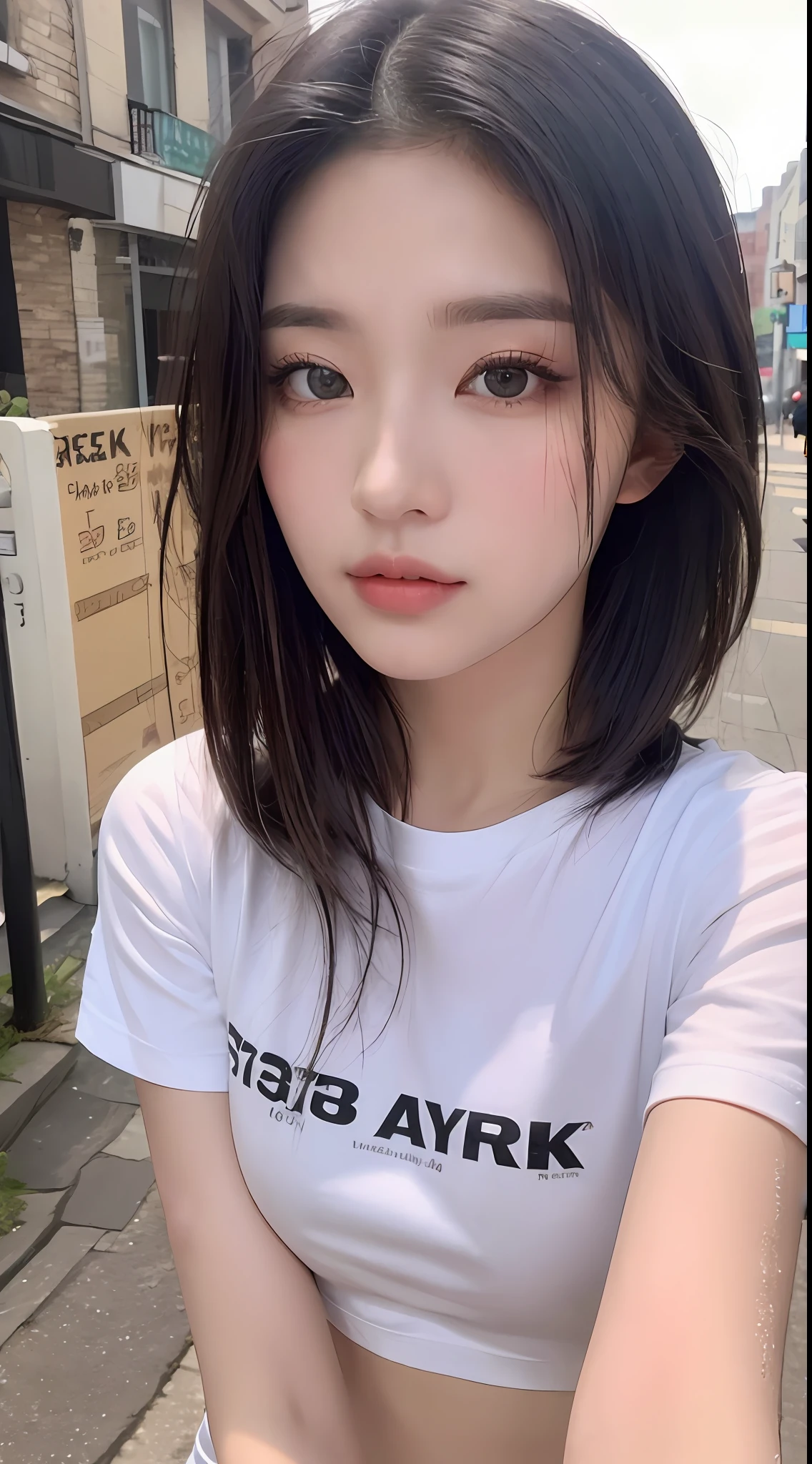 ((best qualitiy, 8k, nmasterpiece:1.3)), sharp:1.2, perfect figure beautiful woman:1.4, Slim abs:1.2, ((layered hairstyle, :1.2)), (Baneau short-sleeved T-shirt:1.1),(streets:1.2),Get wet:1.5,Highly detailed facial and skin texture,detailed eye,Double eyelid,looking into the camera
