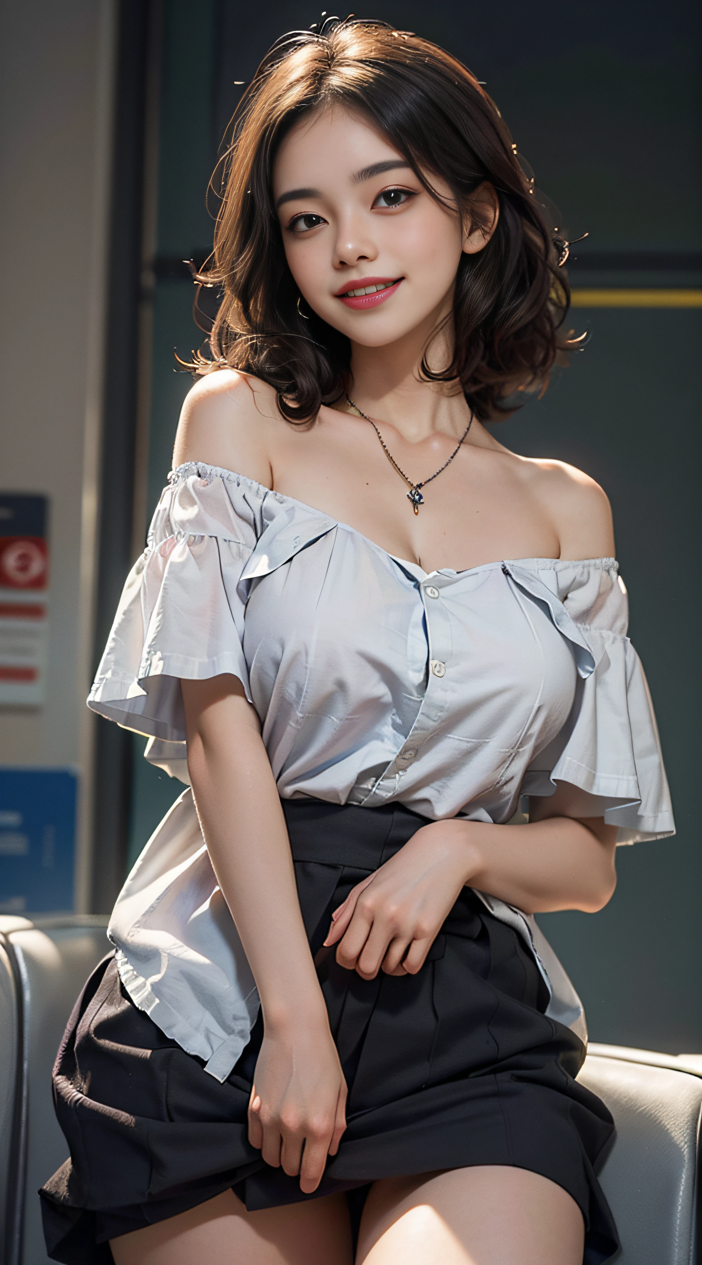 ((Top Quality, 8K, Masterpiece: 1.3)), (Intricate Detail), Perfect Detail Face, Detailed Eyes, Very Detailed, Blush, Hair Ornament, Lipstick, (Layered_necklaces:1.2), Detailed Background, Realistic Photo, Sharp Focus: 1.2, Perfect + Slender Style, ((Looking at the camera))), ((Cute smile with white teeth visible with mouth open) ), beautiful, beautiful, beautiful two sisters, famous for sweating profusely in the world, waist constriction, beautiful legs, taut skin, highly detailed face and skin texture, detailed eyes, double eyelids, pale cheeks, healthy skin, (layered hairstyle, dark brown hair), ((Stewardess uniform: 1.2)))), (exposed breasts), ((off-shoulder: 1.5)), (disheveled clothes and hair: 1.3)), ( huge breasts), (natural breasts, natural cleavage), (in an incredibly crowded plane)), from below, ((terribly happy look)), (seductive appearance: 1.5),
