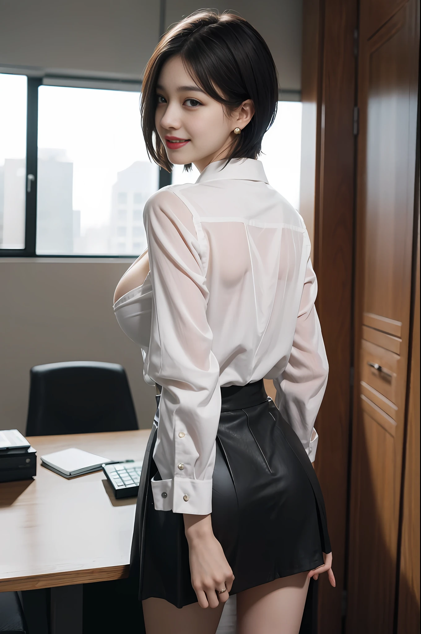 8K RAW photos, high resolution, 14-year-old Korean, standing,back view,very big round , cleavage, formal shirt, formal skirt, upskirt,show panties,very thin mouth, duck mouth, grinning,, hand is pulling her skirt,bossy pose, beautiful eyes in detail, long eyelashes, beautiful double eyelids, eyeshadow, slender eyes, Sanpaku eyes, beautiful thin legs, necklace, earrings, short hair, Big desk of president of large company, office of large company
