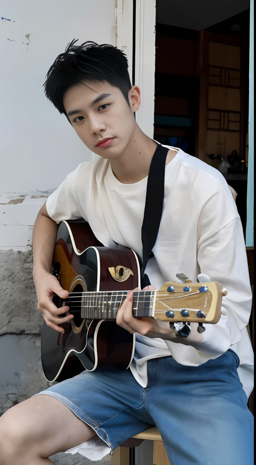 （1 Chinese boy：1.5），Men playing guitar by the sea，phuket，Light on the face,photo of a realistic，photo of a realistic，Textured skin，Look into the camera，18-year-old boy，studio，mannequin，clong legs