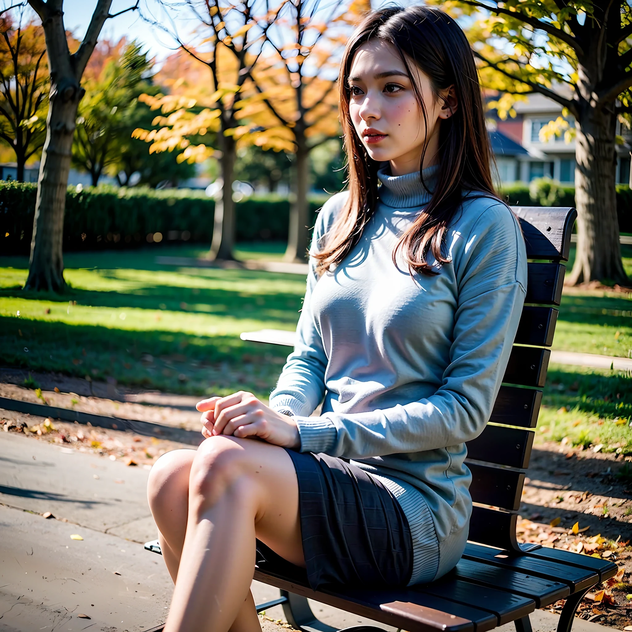 (8k, best quality, masterpiece:1.2), (realistic, photo-realistic:1.37), ultra-detailed,best quality, ultra high res, professional lighting, photon mapping, radiosity, physically-based rendering, cinematic lighting,woman sitting on a bench, in the autumn, during autumn, in autumn, women solo, sitting on a park bench, sitting in a colorful forest,melancholy autumn light, sitting on a bench, 🍂 cute, warm winter hairstyle, blonde hair, 27 years old, raw photo, muffler, sweater, mature