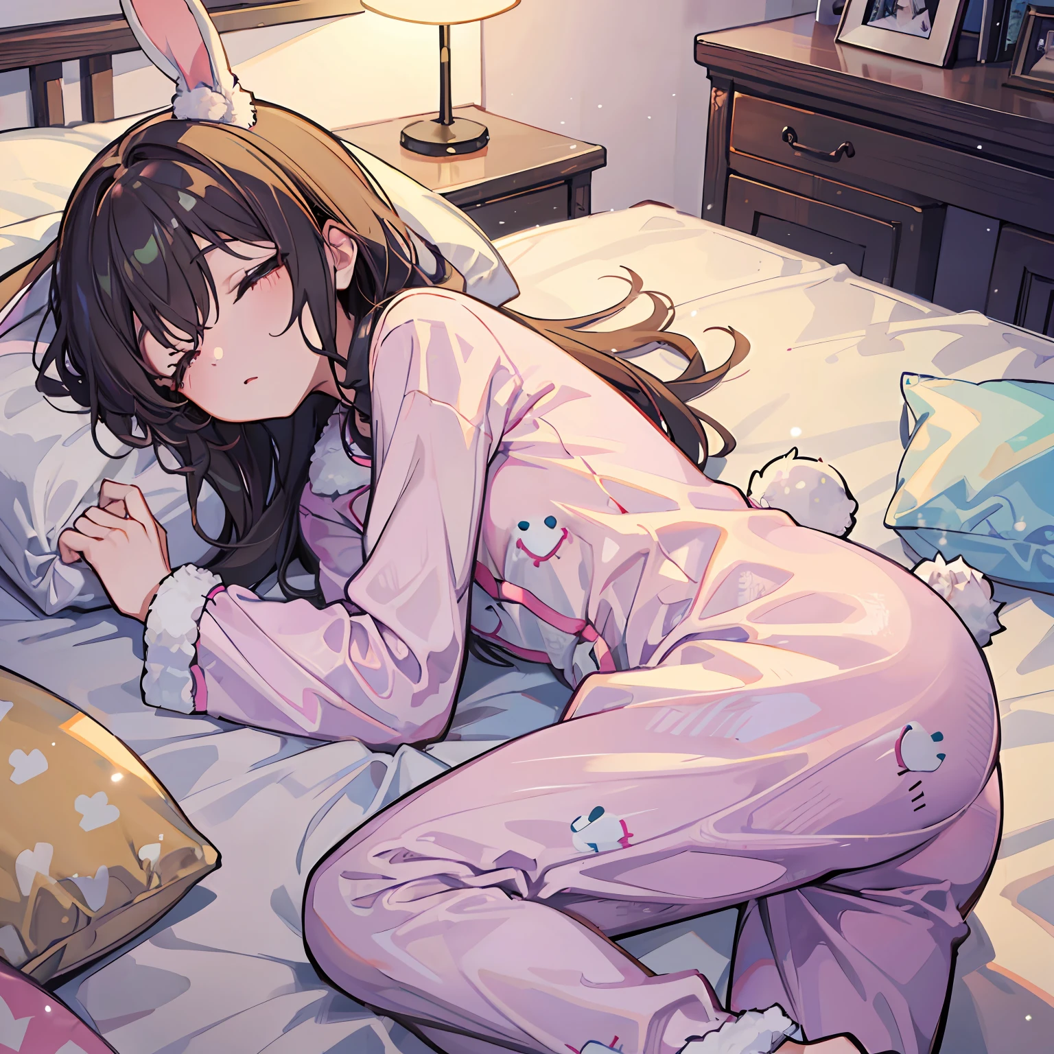 Girl in rabbit pajamas　Sleeping in bed　night　Eyes close