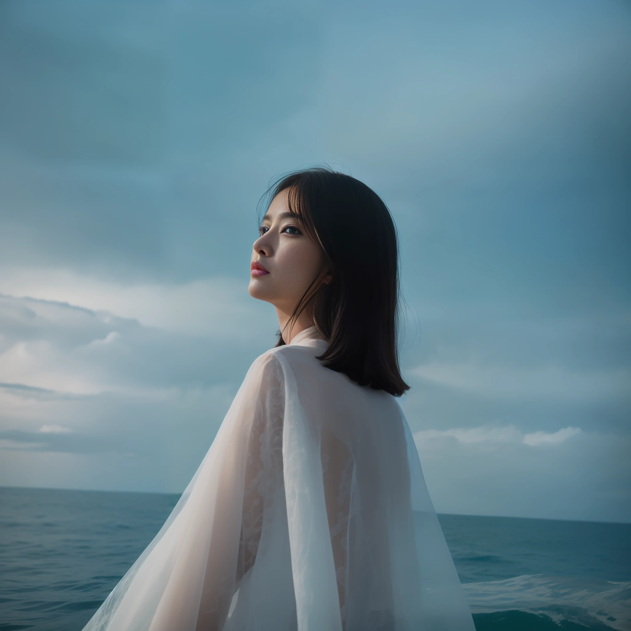 a photo　short-cut　Black Haired Woman　sea side　xia　Sheer sunlight　Into the cloud