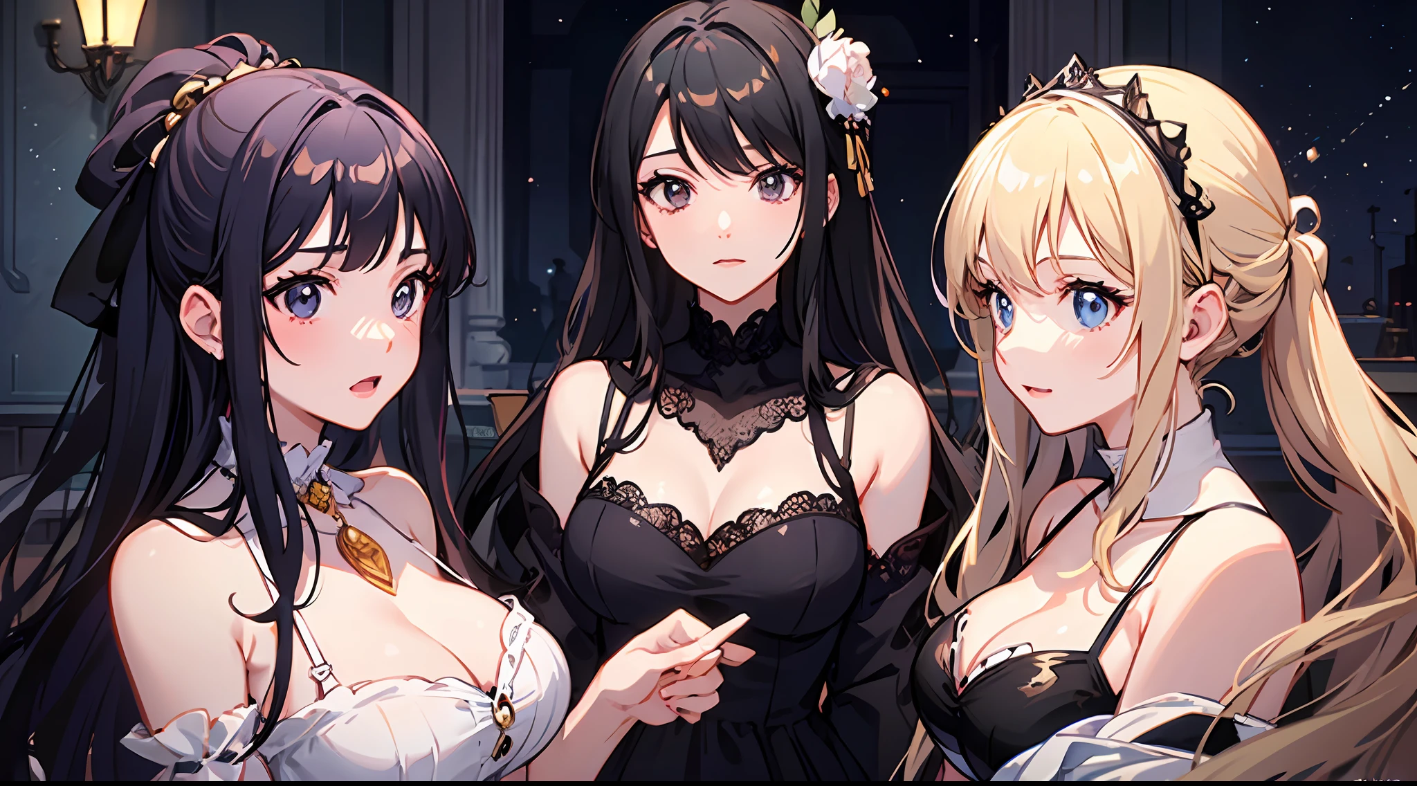 9 girls,different hair colours,one piece dress,Mature female,Royal sister,Rich and noble families,Time is at night,In the living room of the villa,looking at the spectator,Faraway view,exquisite facial features,Clear facial expressions,Anime moe art style,digital anime art,High quality anime art style,Smooth anime CG art,It was dark,There is moonshine,There are lights in the living room,Stunned,unimaginable,flustered, surprised