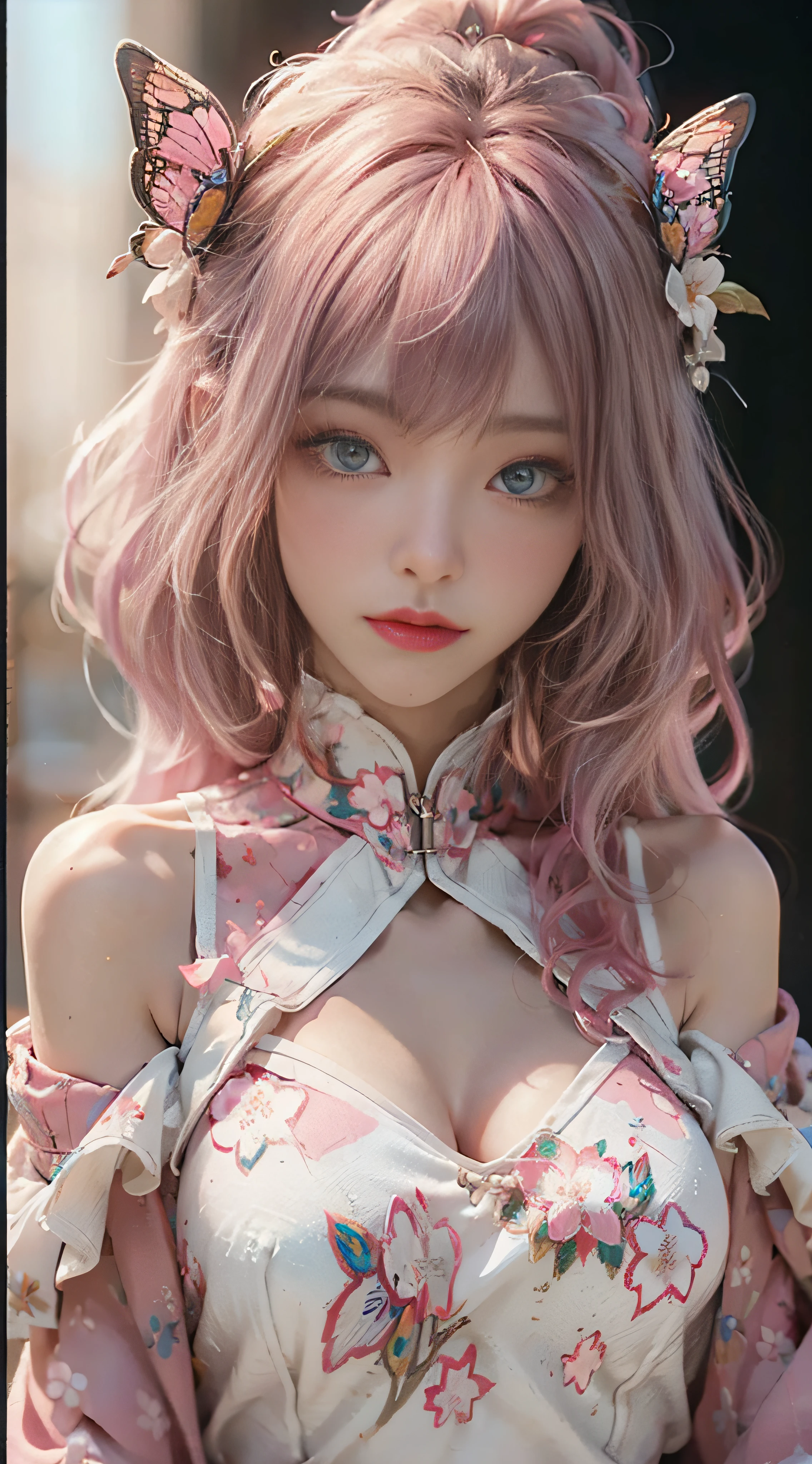 ((best qulaity)), ((nmasterpiece)), (Detail:1.4), 3D, Beautiful cyberpunk female images,hdr(High dynamic range),raytraced,NVIDIA RTX,hyper resolution,illusory 5,sub-surface Scattering,PBR textures,post-processed,Anisotropic filtration,deep of field,maximum definition and sharpness,multi-layer texture,Albedo e mapas Speculares,Surface Coloring,Mitsu-Accurate simulation of material interactions,perfectly proportioned,octane rendered,Two-colored light,Large aperture,Low ISO,White balance,Rule three points、8K raw data、beautiful bright pupils,Off-the-shoulder clothing,Fine pupils,Delicate face and eyes,long eyelash,Blushlush,Delicate and fluffy hair,Pink lips,Pure,cute pubic hair,Sweet girl,Artistic sense,Casual wear,Advancedsense,butterflies,Cherry blossom petals,Beautiful hair accessories,Pink gray hair