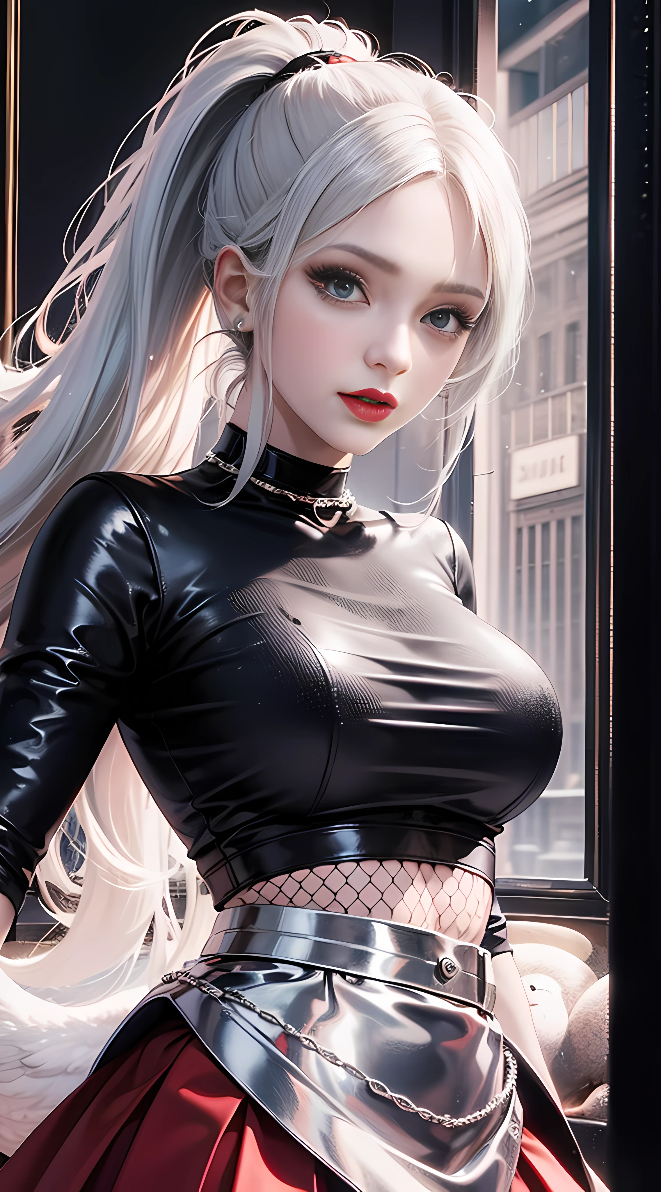 Ultra high quality,8K,gal girl,Sexy and feminine, high and cold,Enchanting,The head proportions are perfect,Gray high ponytail,Wear a sweatshirt monogram print, Short red high-waisted skirt,Flaming red lips,Swan neck,chokers,sun is shining