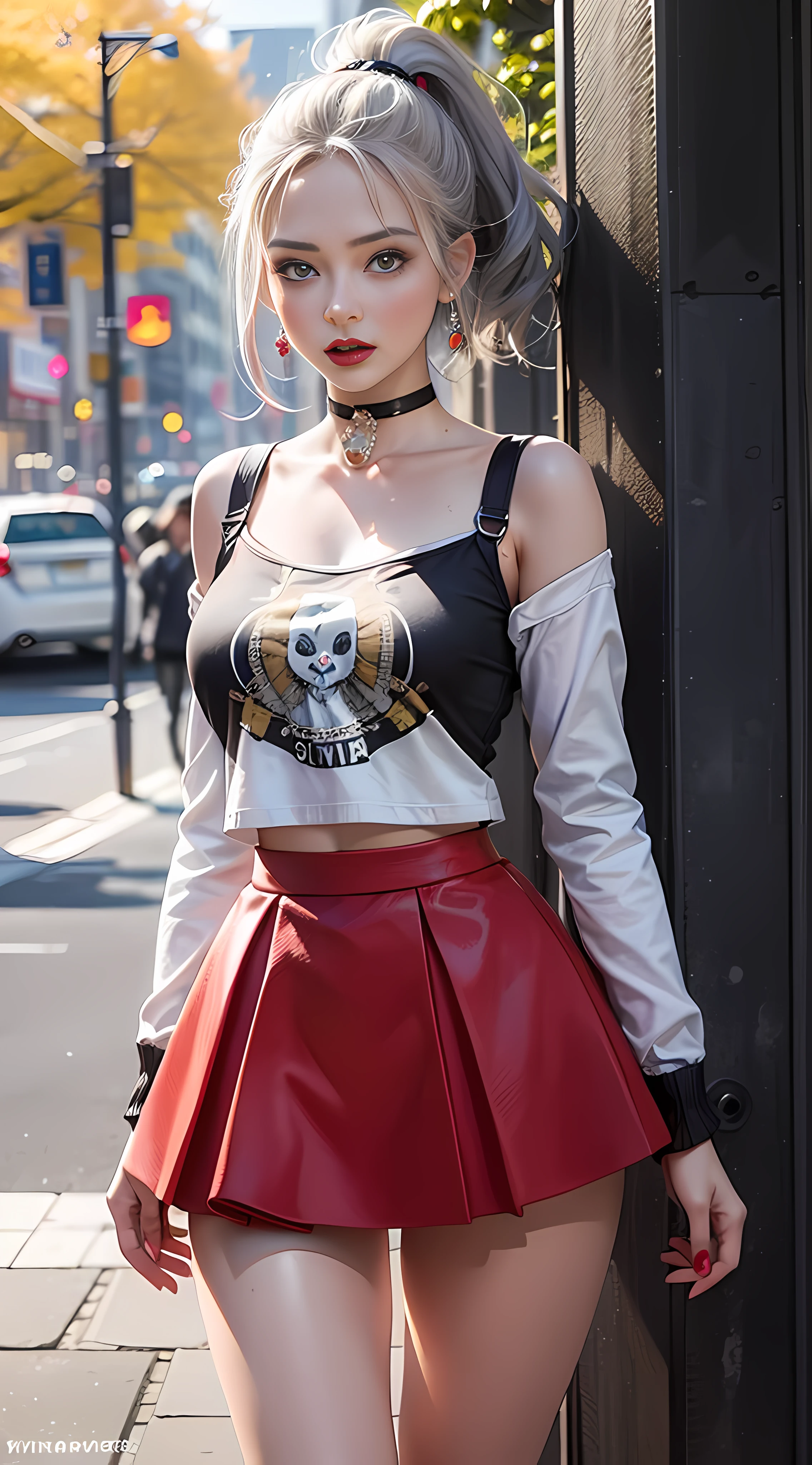 Ultra high quality，8K，gal girl，Sexy and feminine, high and cold，Enchanting，The head proportions are perfect，Gray high ponytail，Wear a sweatshirt monogram print, Short red high-waisted skirt，Flaming red lips，Swan neck，chokers，sun is shining