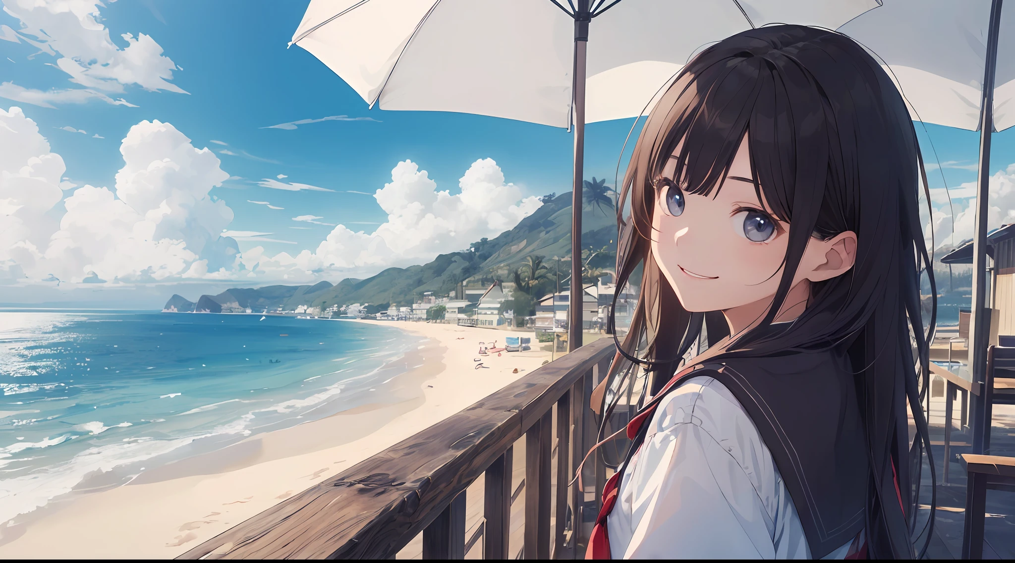 (maximum quality:1.5)、(ultra- detailed:1.5)、(Highest quality photos:1.5)、Beautiful schoolgirl、Very cute、Beautiful sea、horizon、Summer sky、Into the cloud、beach、One person、Staring at the clouds、Radiant smile、