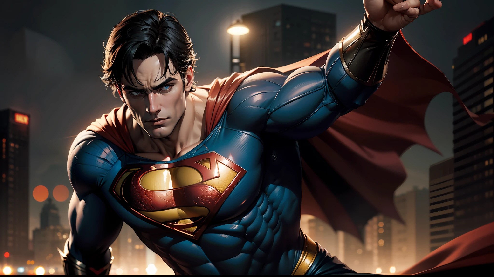 (Henry Cavil as 20-year-old Superman), dramatic, gorgeous, award-winning, is a true masterpiece of masculine beauty, anatomically perfect from the man of steel standing tall in a city abandoned ghost. Studio lighting accentuates muscles. The landscape is lush and mysterious, with the dark city and its surroundings. The camera details everything. When looking at beautiful eyes, with sexy eyes, will attract the opposite His eyes are on the viewer, you can clearly see every little detail and every perfect line, every beautiful skin detail with 8K quality, people are captivated by the confidence that exudes from every look. His head is framed with white hair, and his face is drawn with meticulous details in 8K quality images. He's wearing a tattered white outfit from combat, which adds to his overall confidence."