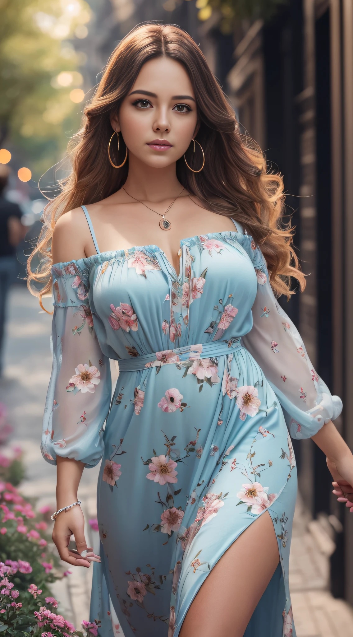 Frontal photo,gal girl, make realistic:1.5,Slightly fat,Sweet facial features,(Printed maxi dress),dignified,long haired,Height one meter five,(Body plumpness),double chin,(al fresco,path,Flowers),(finely detailed skin),Ultra-detailed quality,Photographic realism,8K high-definition,Realistic shooting,Soft cinematic lighting,Ultra HDR,Distinct fingers,(Ultra-realistic finger detail),Reject NSWF --auto