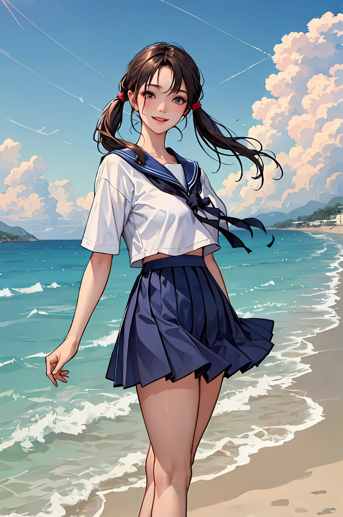 (Masterpiece:1.2, Best Quality), (real picture, Intricate details), (独奏, midium full shot , Big, thights, 32 k, detailed facial portrayal、Colossal breasts, Good style, Beautiful legs, Plump, Nipple and crotch shape),high girl、Sailor suit and top and bottom、Medium hair low twin tails、Summer beaches、Barefoot into the sea、smile on face、Frolic