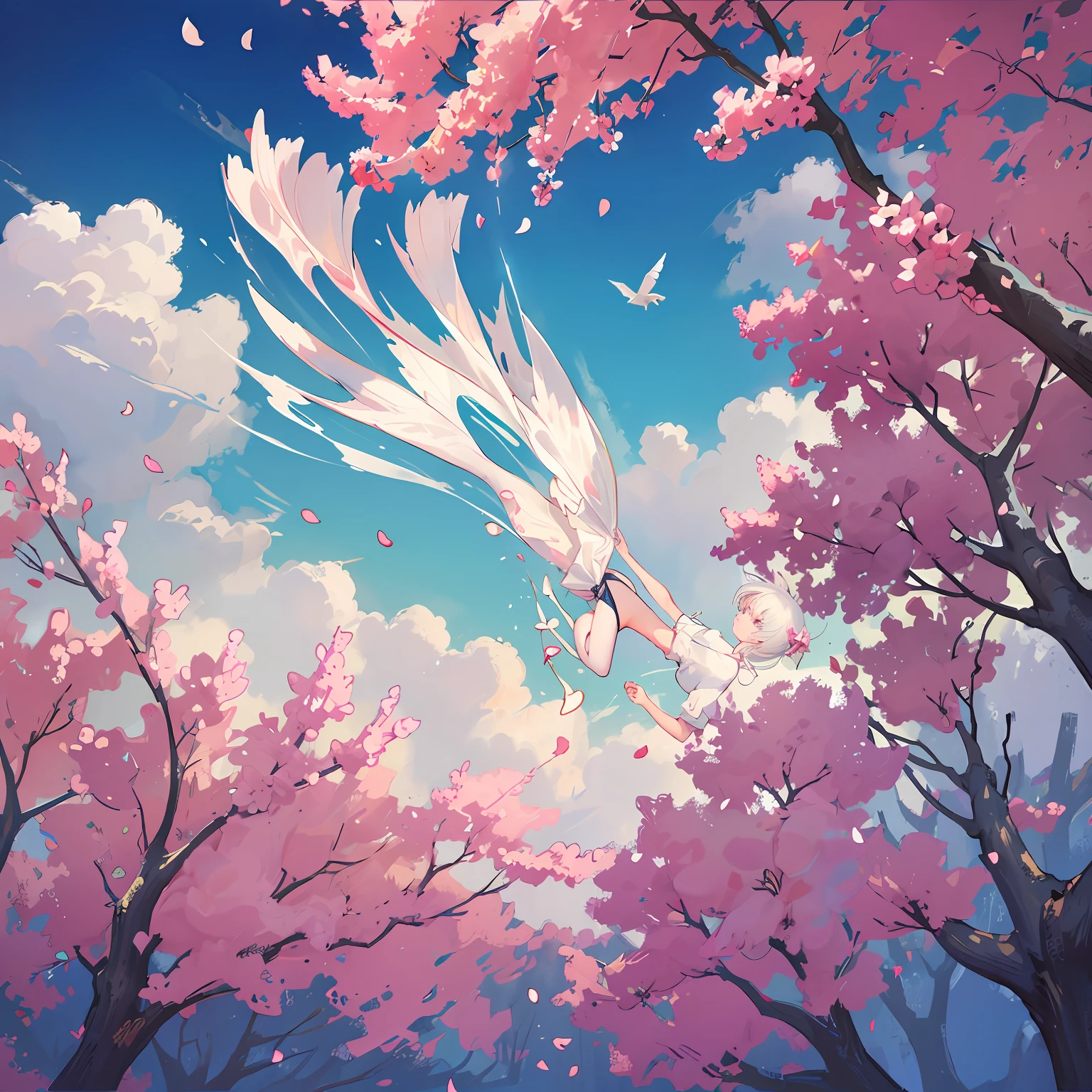 Fresh colors，Watercolor texture，a blue sky，Large clouds，Pink cherry blossom tree，flying petal， --auto