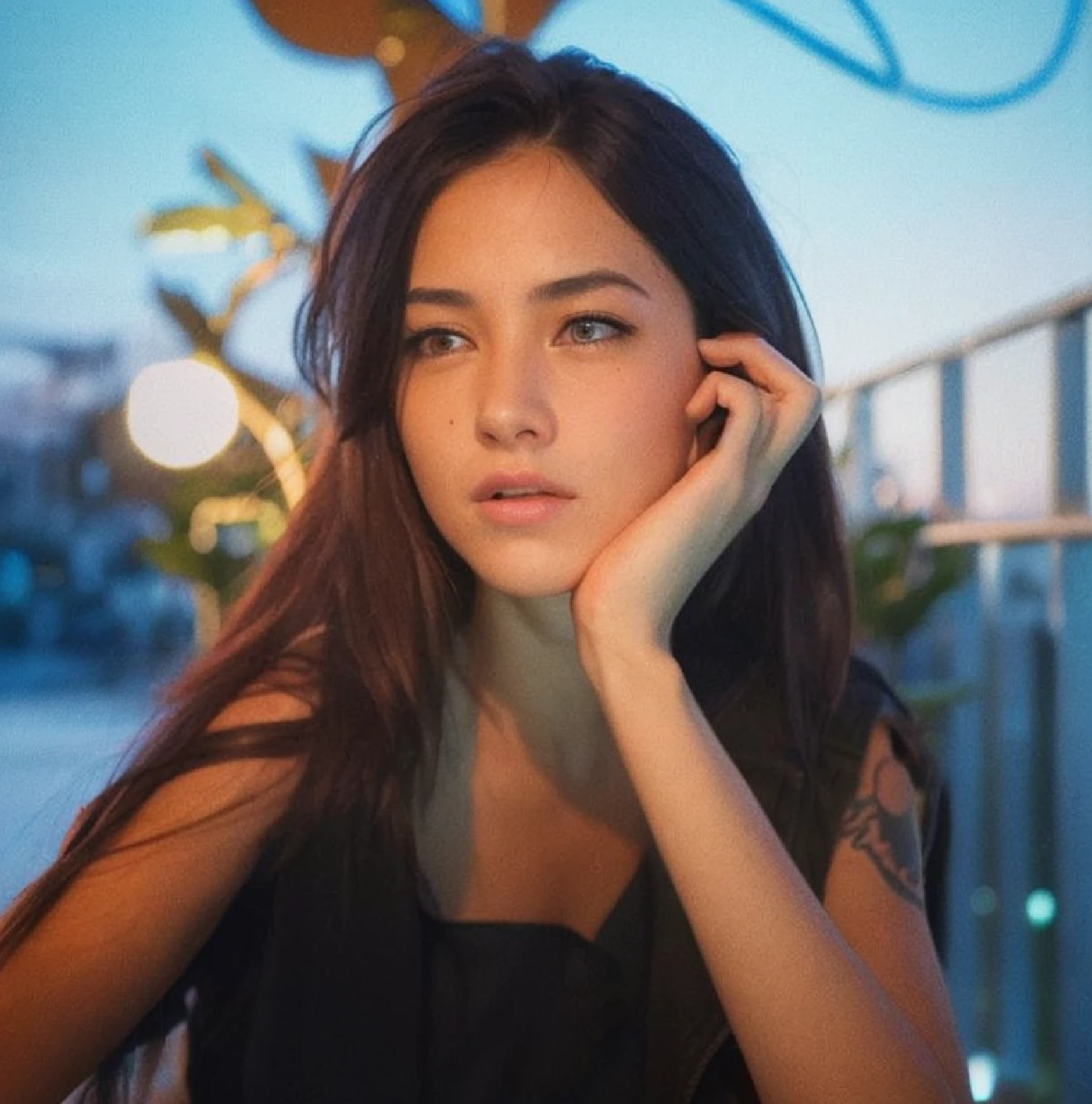 (cinematic, 8k, best quality, masterpiece: 1.2), (realistic, photo-realistic: 1.37), ultra-detailed, soft light, best quality, ultra highres, raw photo in HDR, sharp focus, intricate texture, skin imperfections, 1 girl, cute, solo, raw photo, Rebecca a robotic girl with green hair, laughing, pink tattoo on her neck and belly, wearing a black jacket with yellow details,  holding a pistol in hand, 19yo, camel fingers, slim body, warm body, shiny skin, realistic textures, reflected lighting, volumetric lighting. Background a cyberpunk city at night, neon lighting.